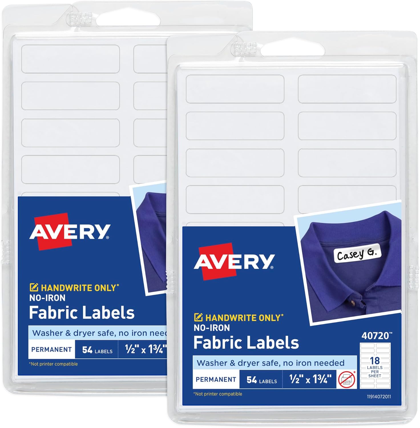 No-Iron Fabric Labels, 1/2" x 1-3/4", Washer and Dryer Safe, White, Non-Printable, 54 Labels Per Pack, 2-Pack, 108 Blank Labels Total (32130)