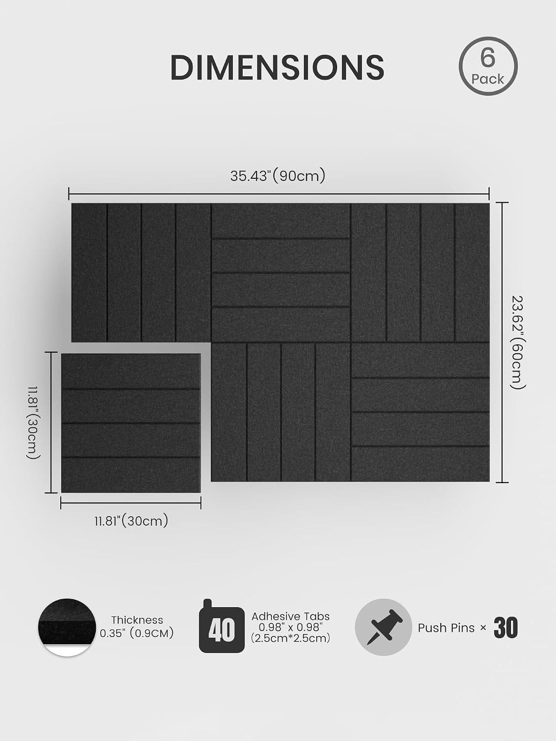Large Felt Bulletin Board, 36" x 24" Cork Board Alternative, 6-Pack Bold Stripe Felt Wall Tiles with 30 Push Pins and 40 Adhesive Tabs, Ideal for Office, Home & Classroom, Black