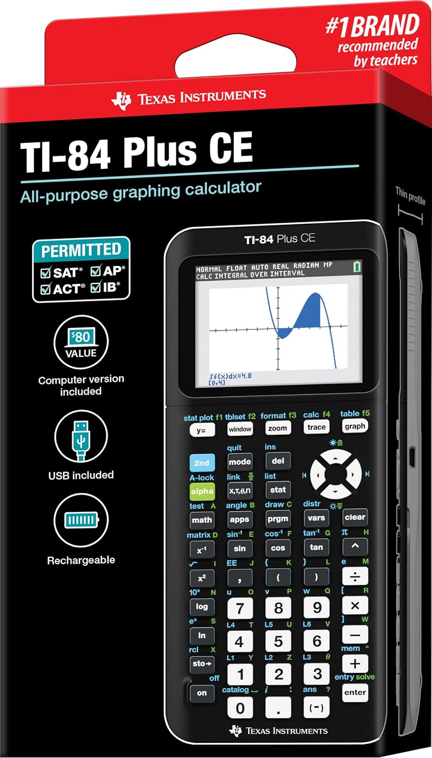 TI-84 Plus CE Color Graphing Calculator, Black 7.5 Inch