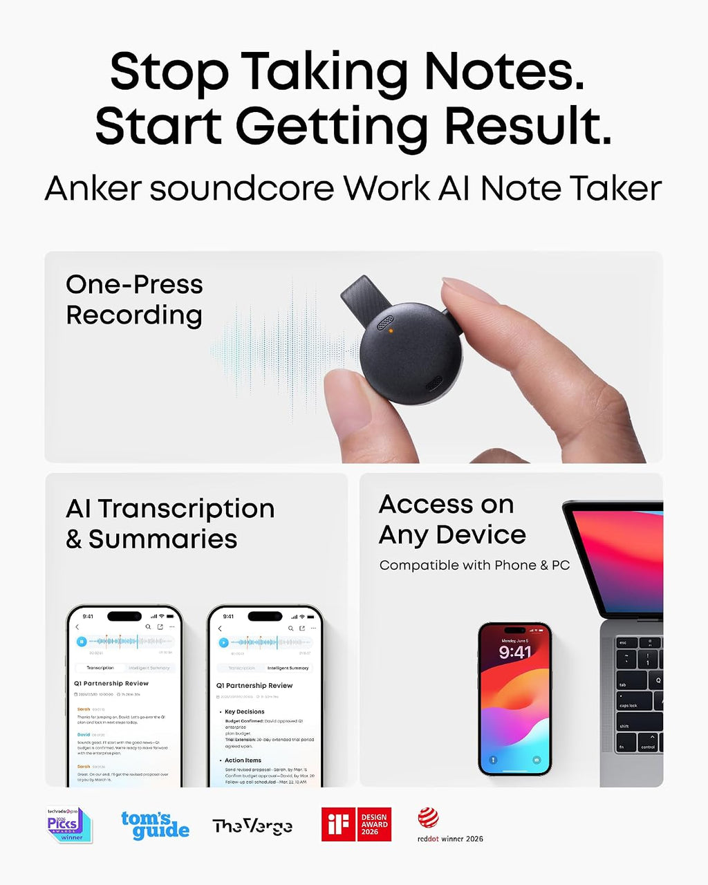 Work AI Voice Recorder by Anker,Wearable Note Taker for Meetings, Transcribe and Summarize (300 Mins/Mo Included, Optional App Upgrades), MFi Certified, 64 GB, 150+ Languages, USB-C Charging