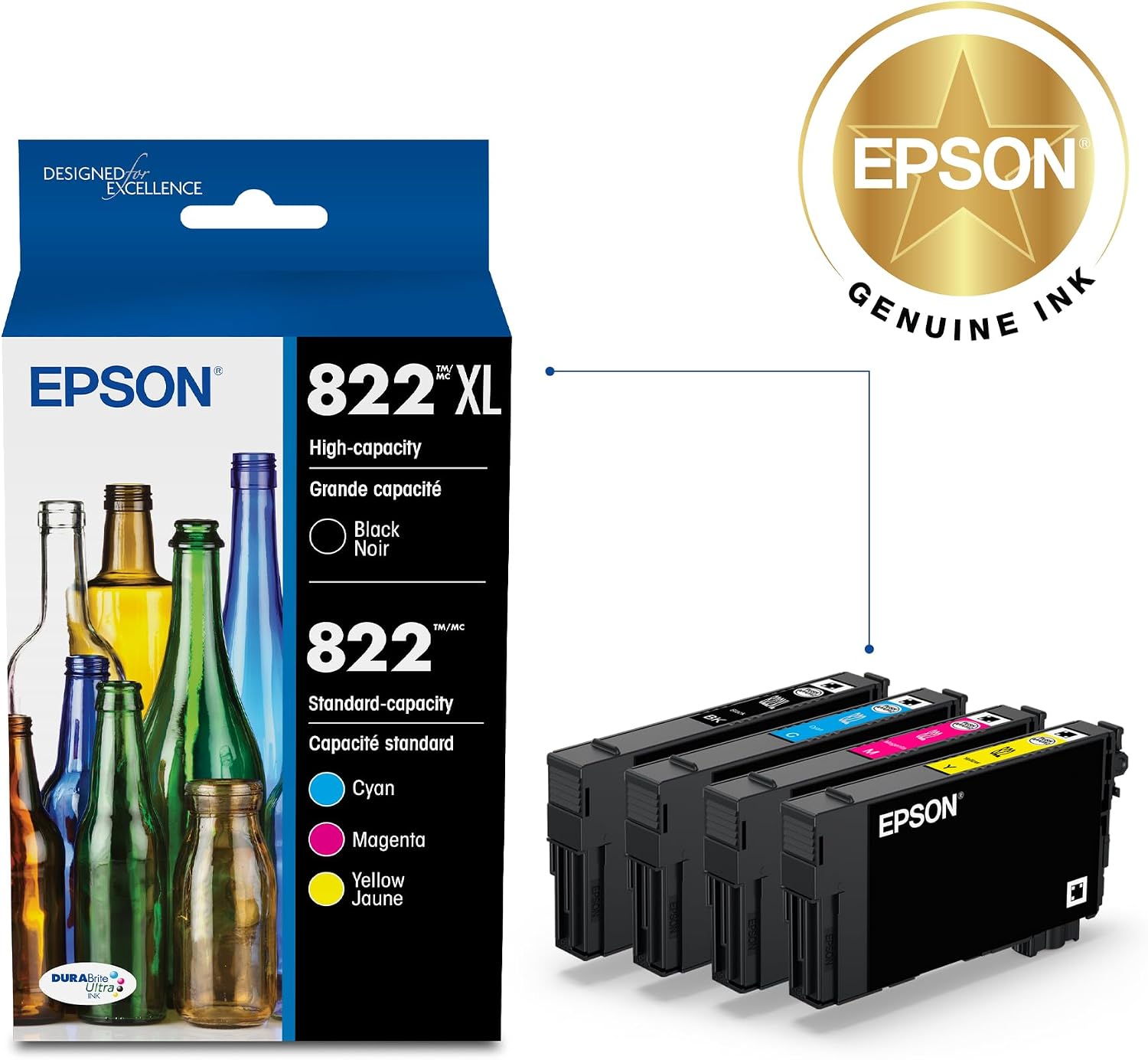 822 DURABrite Ultra Ink High Capacity Black & Standard Color Cartridge Combo Pack (T822XL-BCS) Works with Workforce Pro WF-3820,3823, 4820, 4830, 4833, 4834