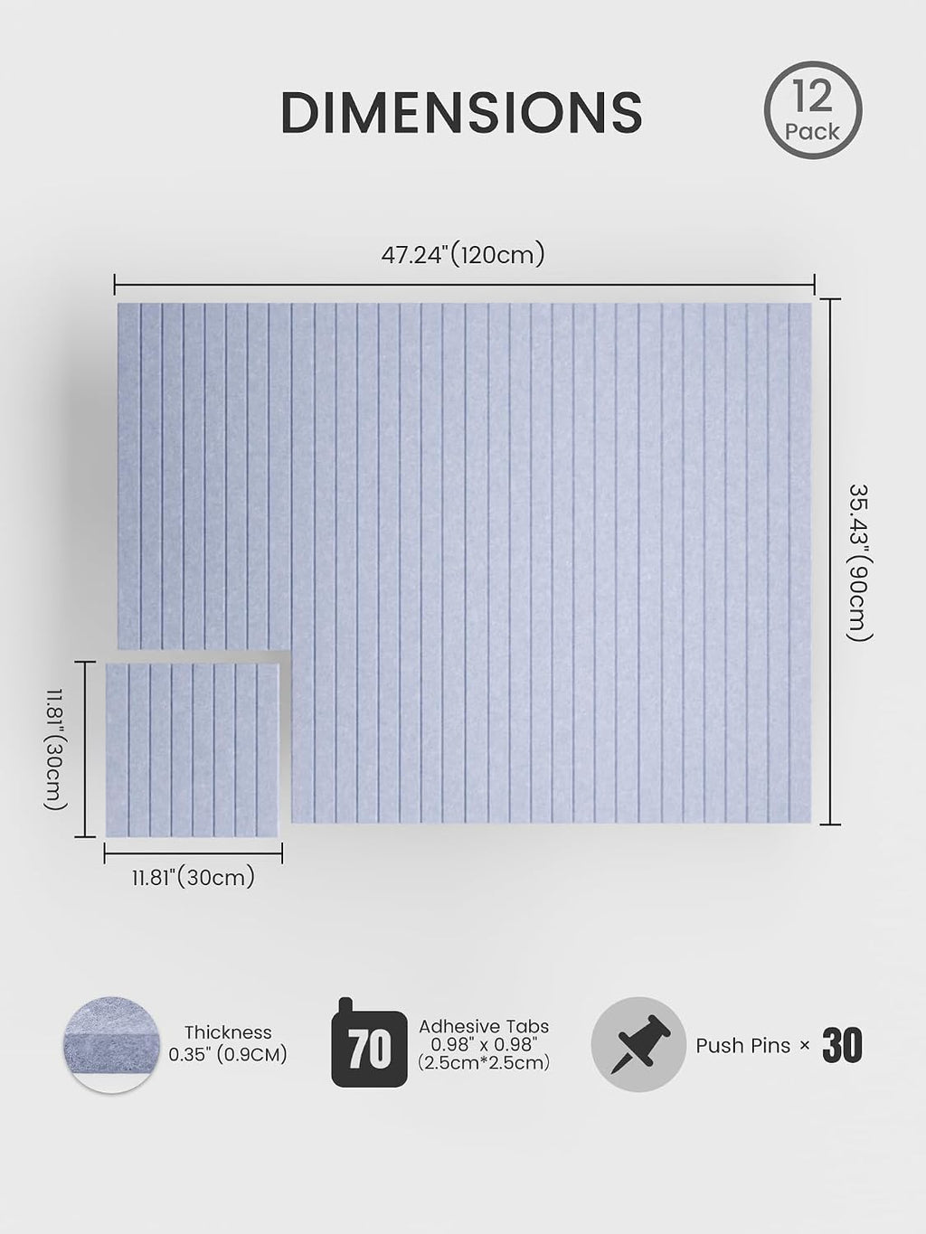 Large Felt Bulletin Board, 48" x 36" Cork Board Alternative, 12-Pack Fine Stripe Felt Wall Tiles with 30 Push Pins and 70 Adhesive Tabs, Ideal for Office, Home & Classroom, Soft Periwinkle