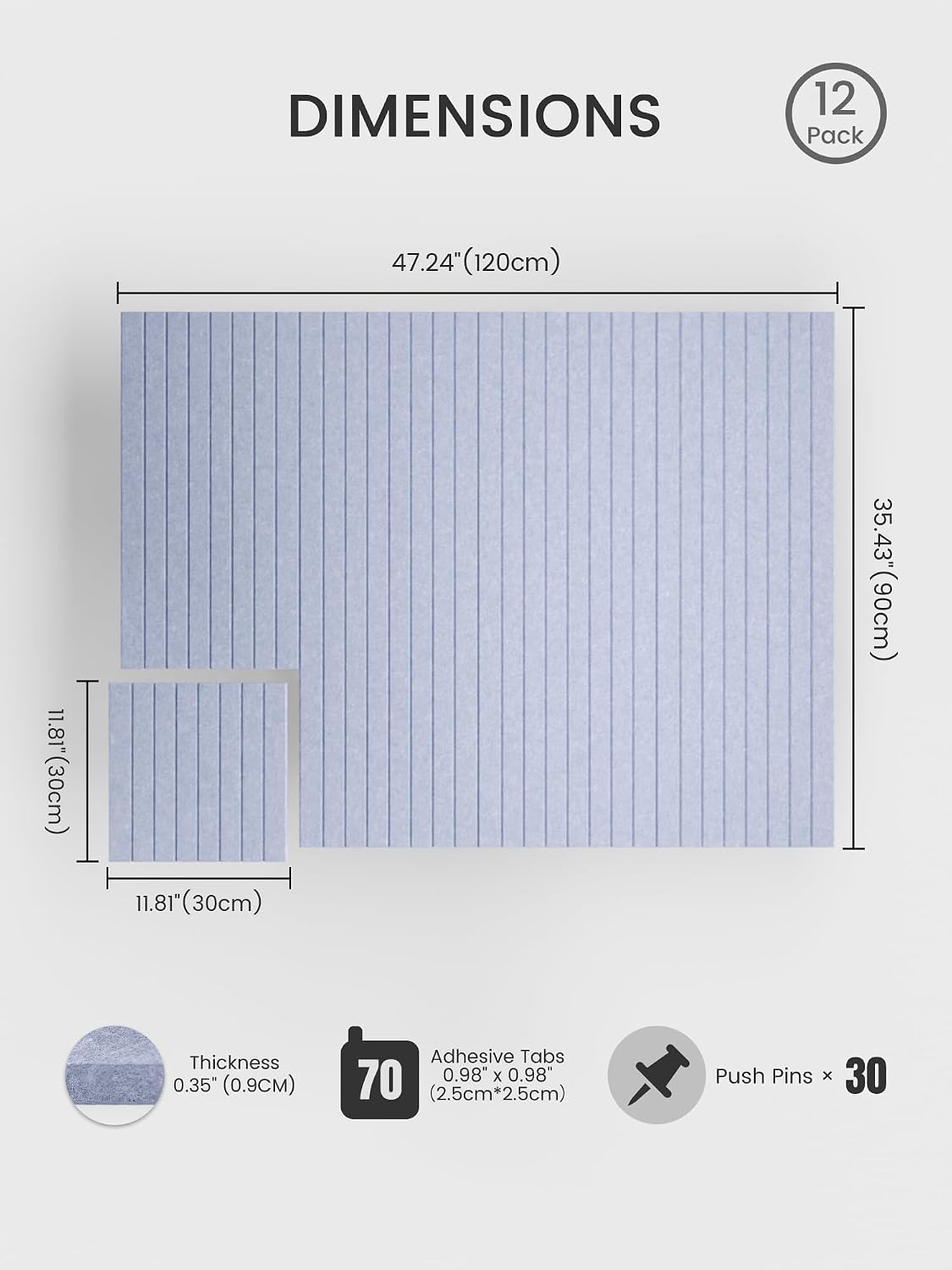 Large Felt Bulletin Board, 48" x 36" Cork Board Alternative, 12-Pack Fine Stripe Felt Wall Tiles with 30 Push Pins and 70 Adhesive Tabs, Ideal for Office, Home & Classroom, Soft Periwinkle