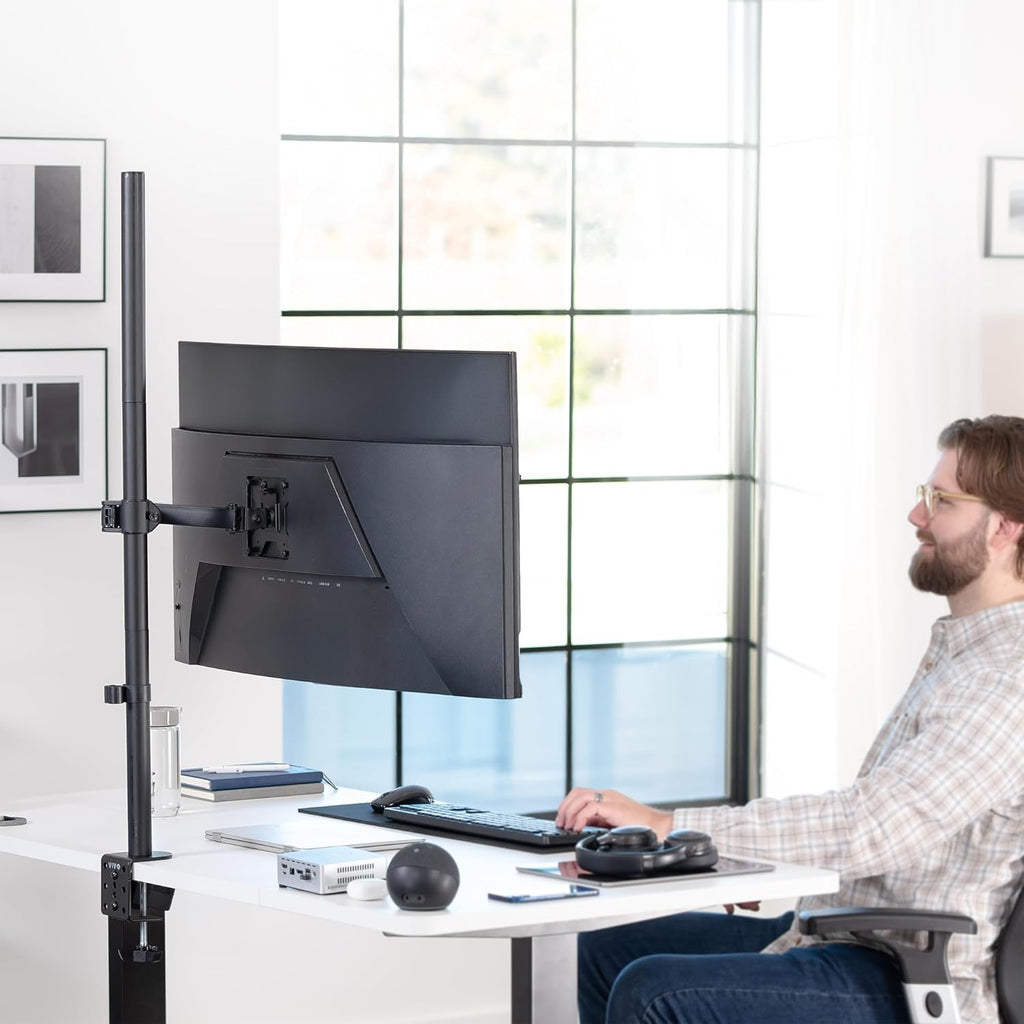 Extra Tall Single Monitor Desk Mount Stand with 39 inch Pole. Features Full Adjustability - Tilt and Articulation, Holds 13 to 32 inch Screens up to 22 lbs with VESA Mounting, Black, STAND-V011