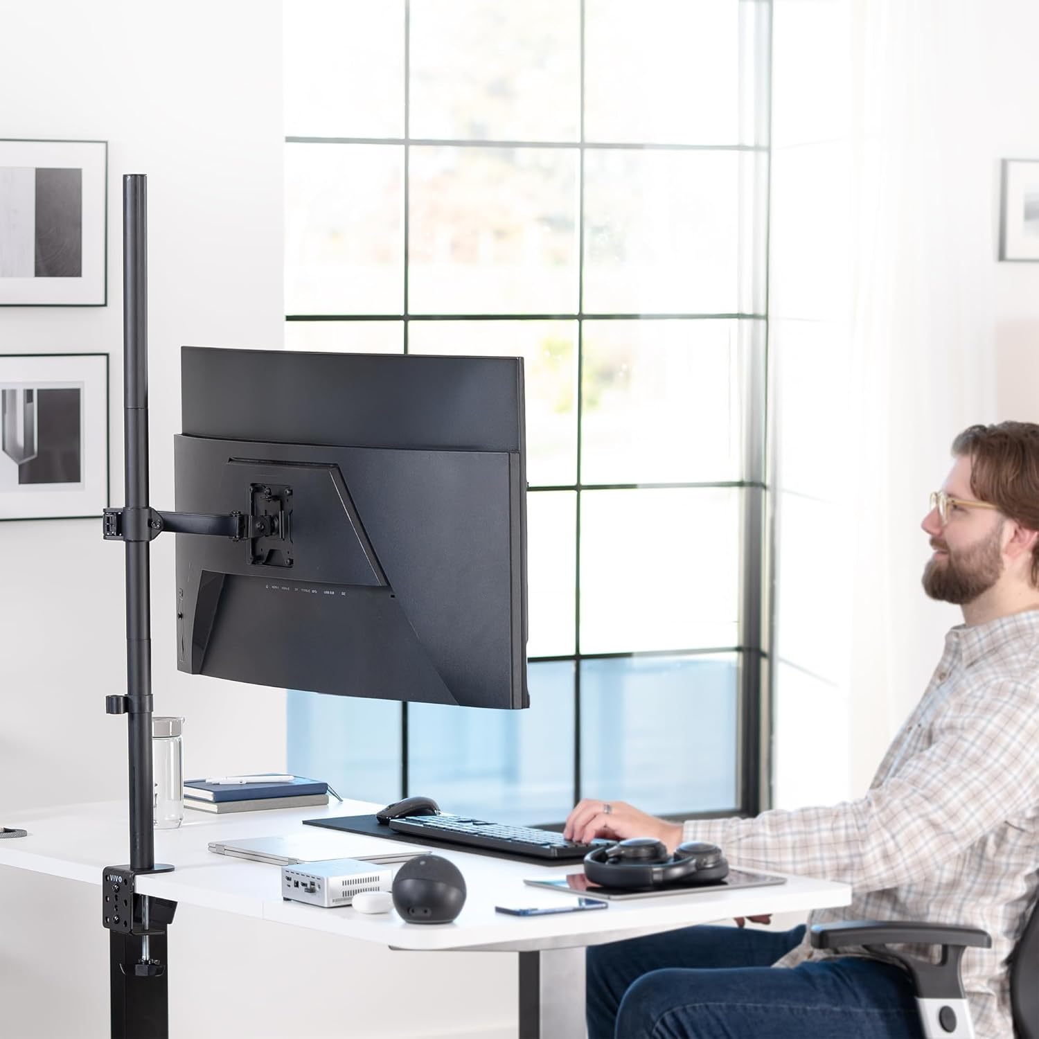 Extra Tall Single Monitor Desk Mount Stand with 39 inch Pole. Features Full Adjustability - Tilt and Articulation, Holds 13 to 32 inch Screens up to 22 lbs with VESA Mounting, Black, STAND-V011