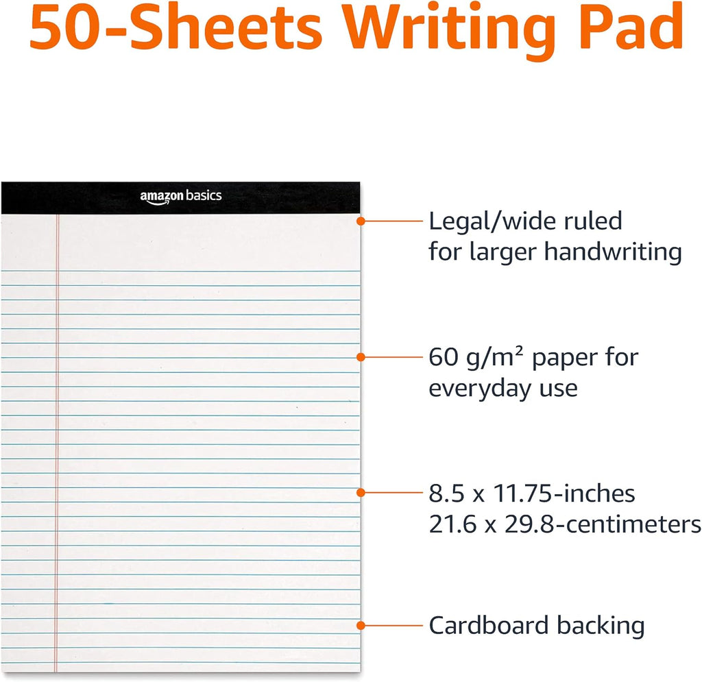 Basics Wide Ruled Lined Writing Note Pads, 8.5 inch x 11.75 inch, White, 12 Count (12 Pack of 50)