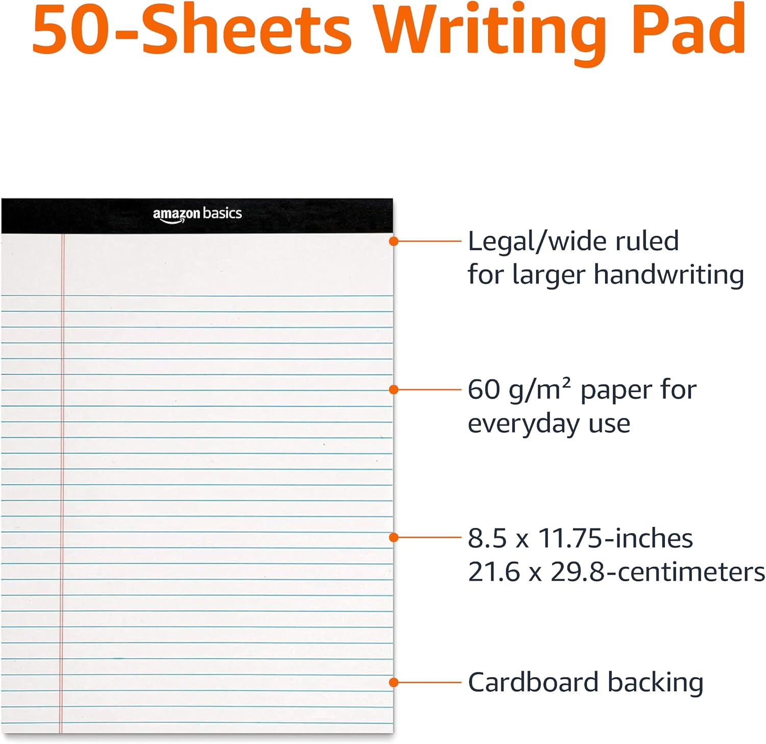 Basics Wide Ruled Lined Writing Note Pads, 8.5 inch x 11.75 inch, White, 12 Count (12 Pack of 50)