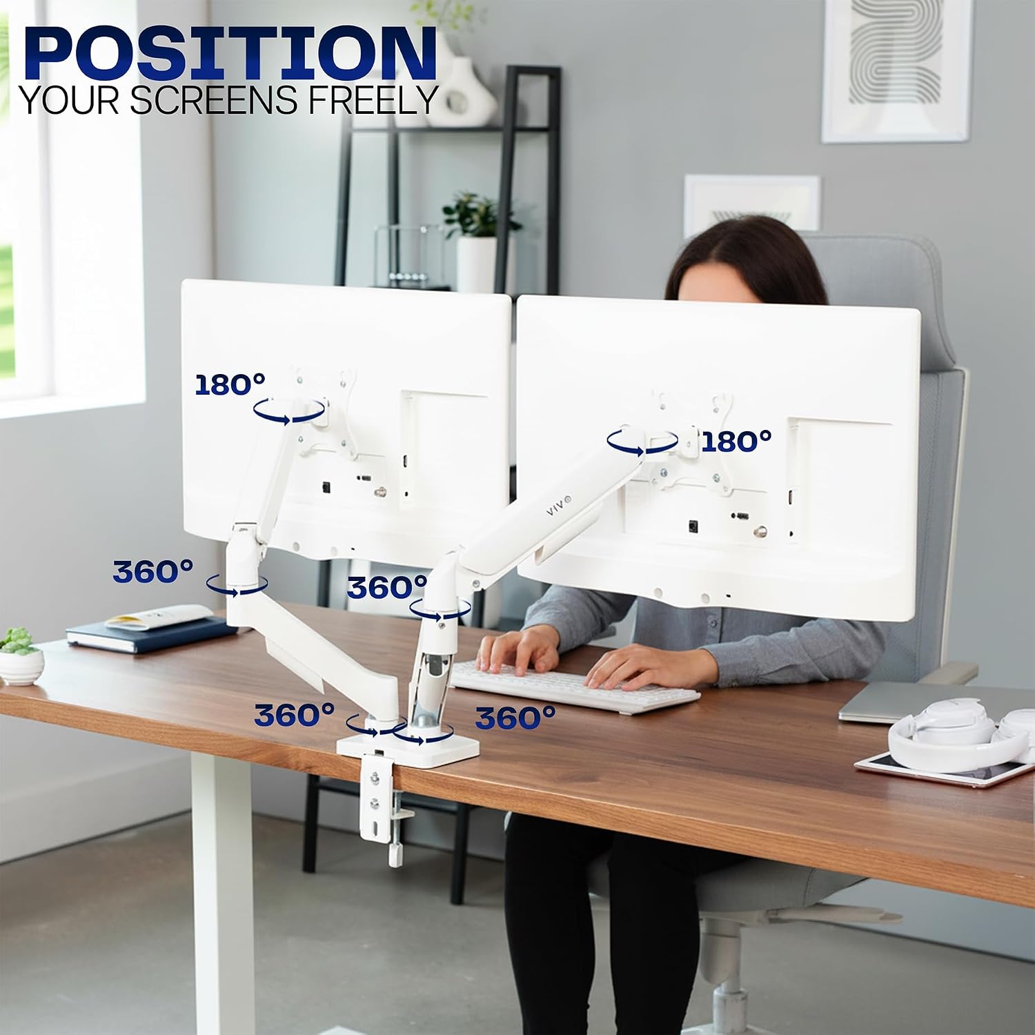 Dual Monitor Stand, Fully Adjustable Arms for 17 to 32 inch Screens, Mechanical Articulating Desk Mount, Gaming and Office Setups, VESA 75x75, 100x100, Max 19.8 lbs, Classic, White, STAND-V002OW