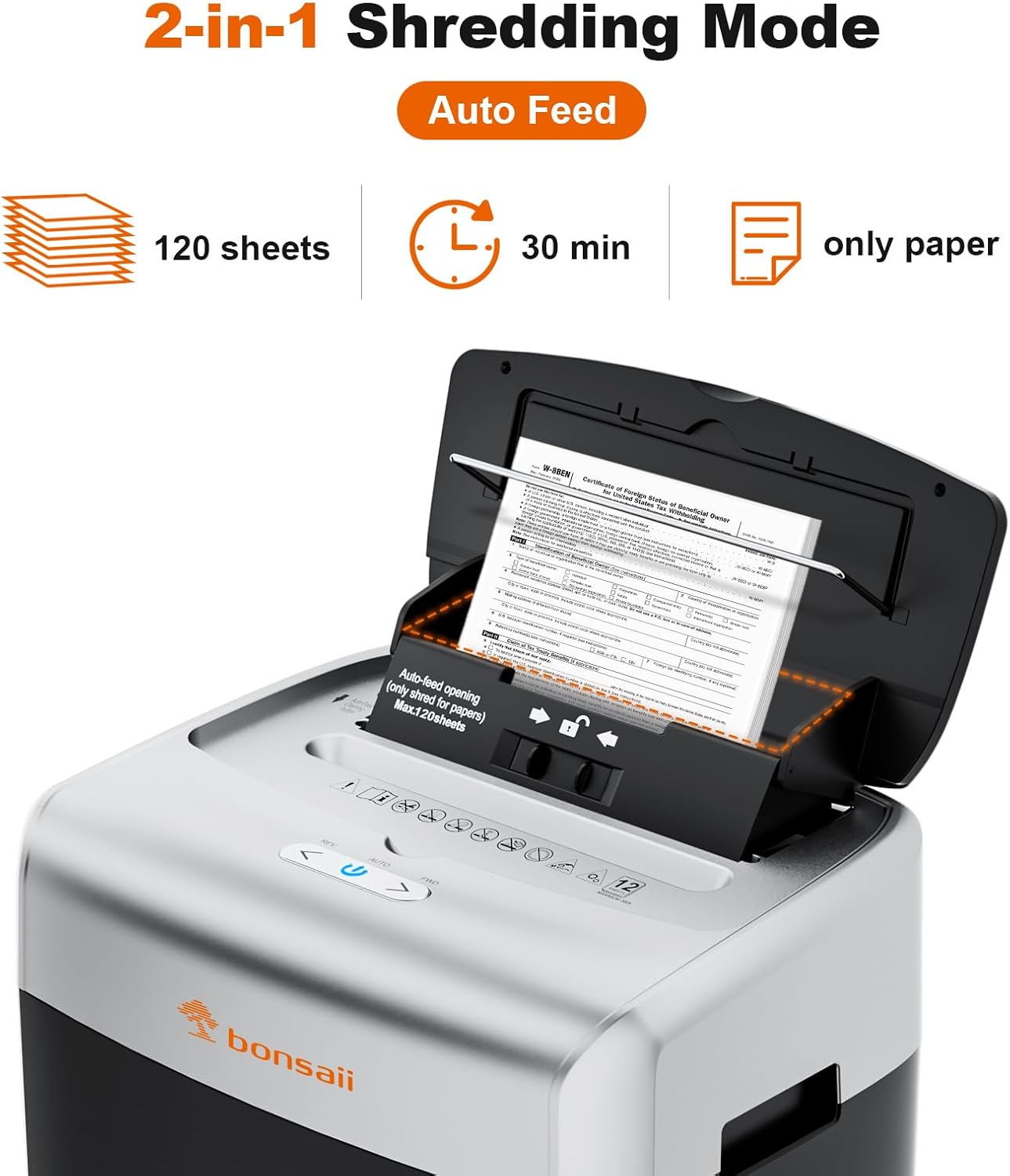 120-Sheet Auto Feed Micro Cut Paper Shredder with Casters | 30-Min Run Time, P-4 Security, 6-Gal Bin, Heavy Duty Shredders for Home Office, C233-B