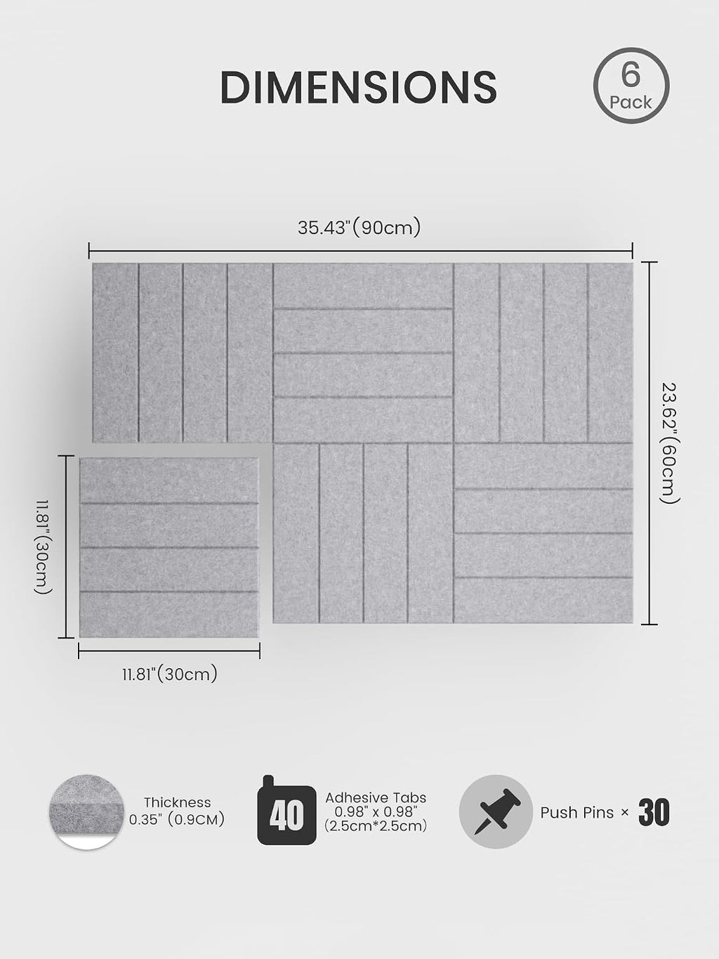 Large Felt Bulletin Board, 36" x 24" Cork Board Alternative, 6-Pack Bold Stripe Felt Wall Tiles with 30 Push Pins and 40 Adhesive Tabs, Ideal for Office, Home & Classroom, Soft Gray