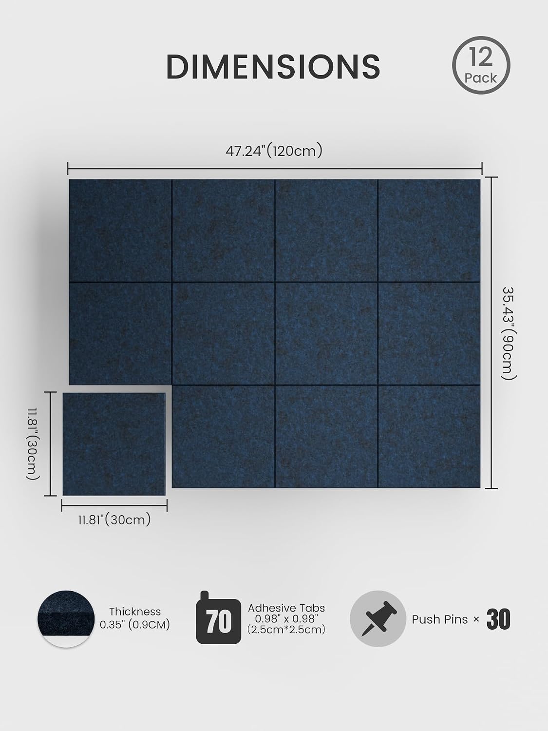 Large Felt Bulletin Board, 48" x 36" Cork Board Alternative, 12-Pack Solid Felt Wall Tiles with 30 Push Pins and 70 Adhesive Tabs, Ideal for Office, Home & Classroom, Carbon Blue
