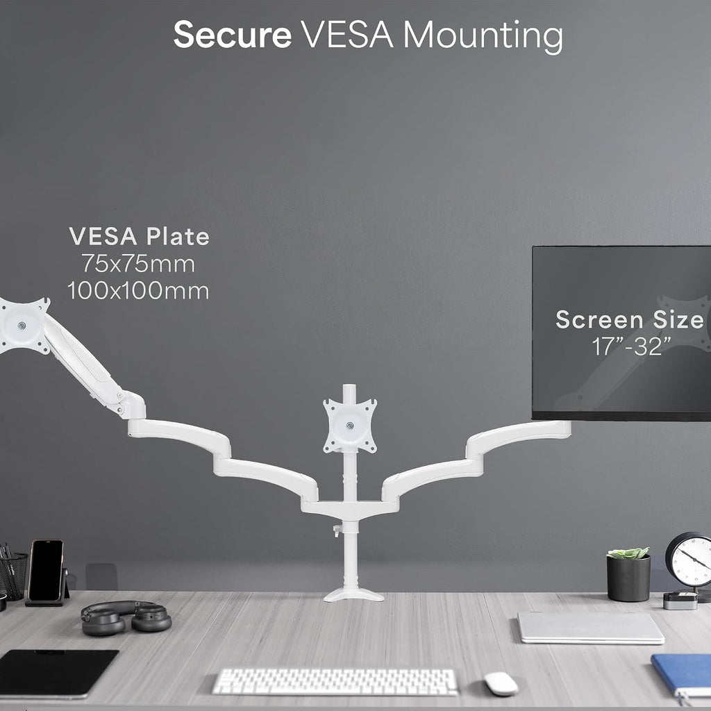 White Triple Monitor Mount, 2 Pneumatic Arms + 1 Fixed, 3 Screens up to 32"