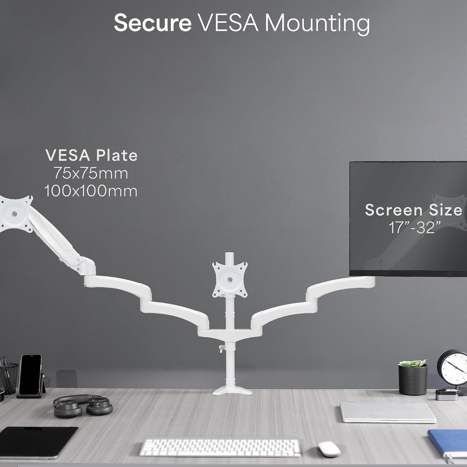 White Triple Monitor Mount, 2 Pneumatic Arms + 1 Fixed, 3 Screens up to 32"