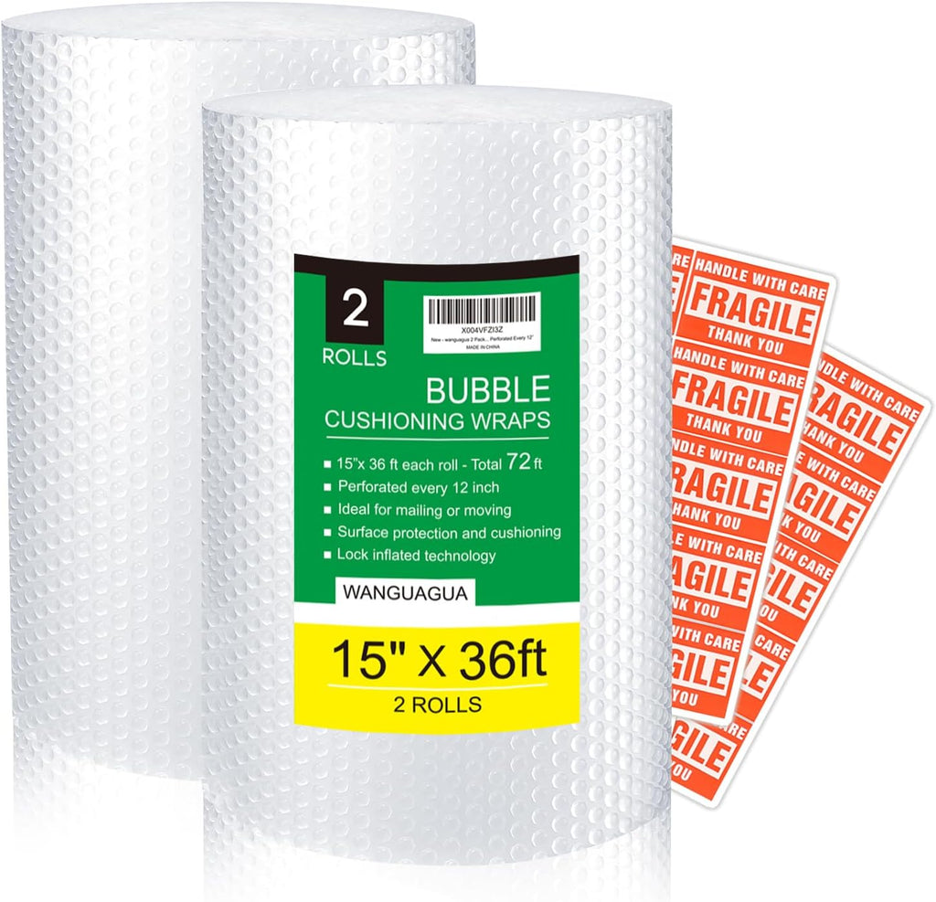 2 Pack 15 Inch x 72 ft Total Bubble Packing Wrap for Moving Boxes Shipping Cushioning Supplies Perforated Every 12”