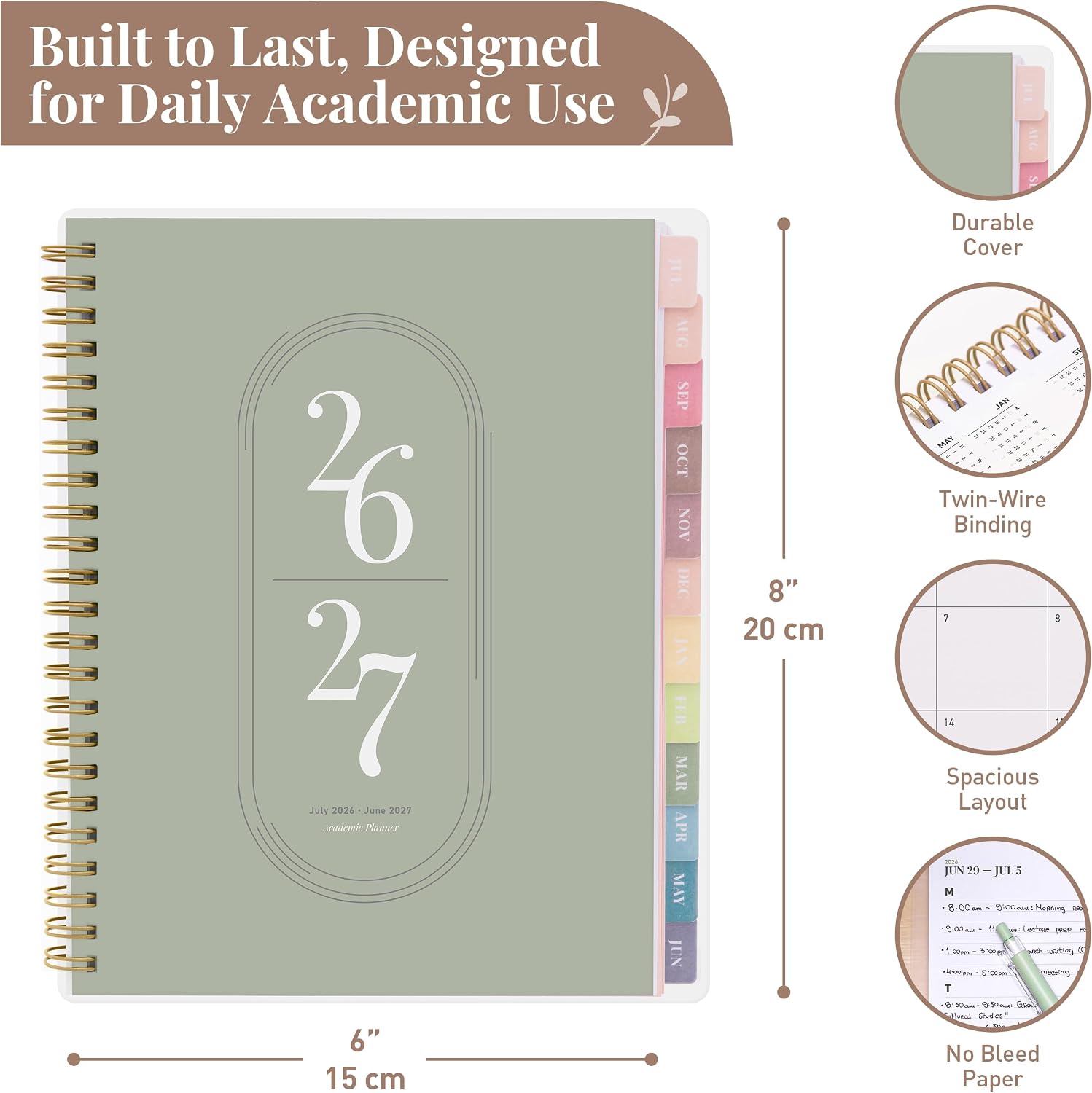 Rileys Academic Planner 2026-2027, Daily, Weekly & Monthly Planner, July 2026 - June 2027, Student Notes Pages, Twin-Wire Binding Weekly Agenda for School & Work (20 x 15 cm, Green)