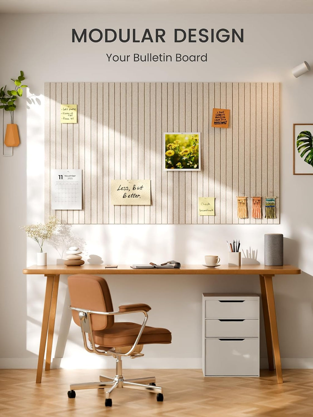 Large Felt Bulletin Board, 36" x 24" Cork Board Alternative, 6-Pack Fine Stripe Felt Wall Tiles with 30 Push Pins and 40 Adhesive Tabs, Ideal for Office, Home & Classroom, Oatmeal