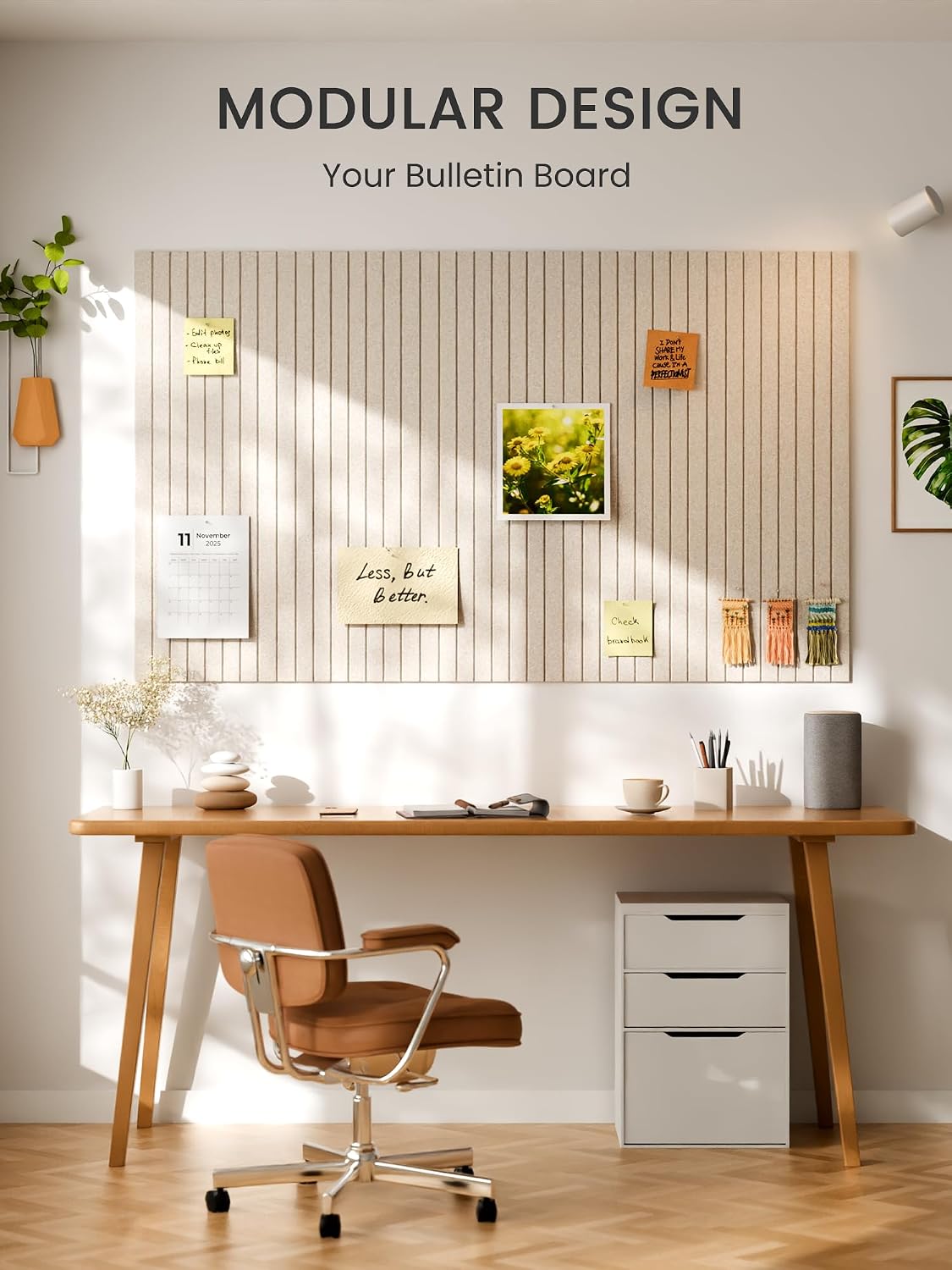 Large Felt Bulletin Board, 36" x 24" Cork Board Alternative, 6-Pack Fine Stripe Felt Wall Tiles with 30 Push Pins and 40 Adhesive Tabs, Ideal for Office, Home & Classroom, Oatmeal