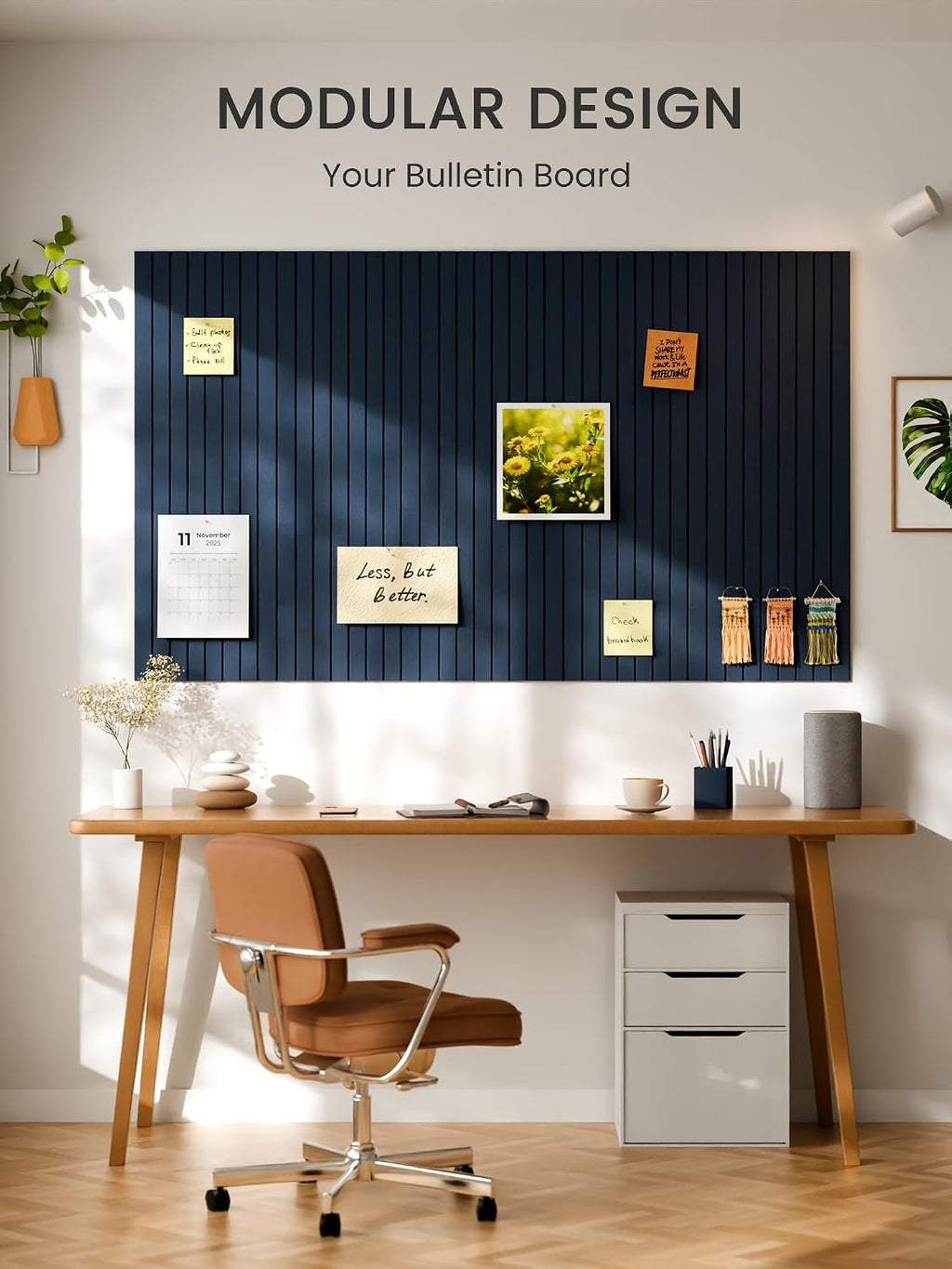 Large Felt Bulletin Board, 36" x 24" Cork Board Alternative, 6-Pack Fine Stripe Felt Wall Tiles with 30 Push Pins and 40 Adhesive Tabs, Ideal for Office, Home & Classroom, Carbon Blue