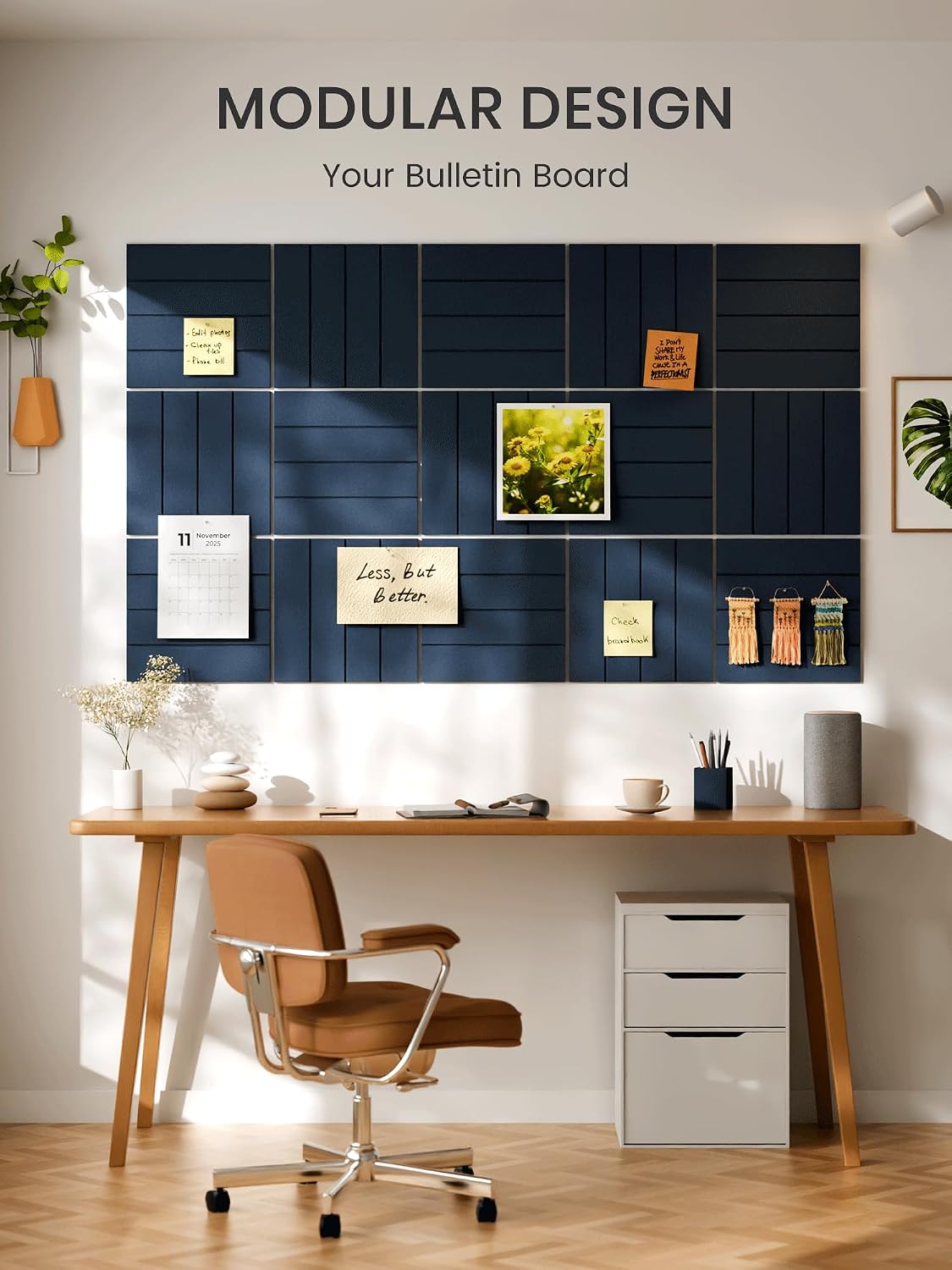Large Felt Bulletin Board, 36" x 24" Cork Board Alternative, 6-Pack Bold Stripe Felt Wall Tiles with 30 Push Pins and 40 Adhesive Tabs, Ideal for Office, Home & Classroom, Carbon Blue