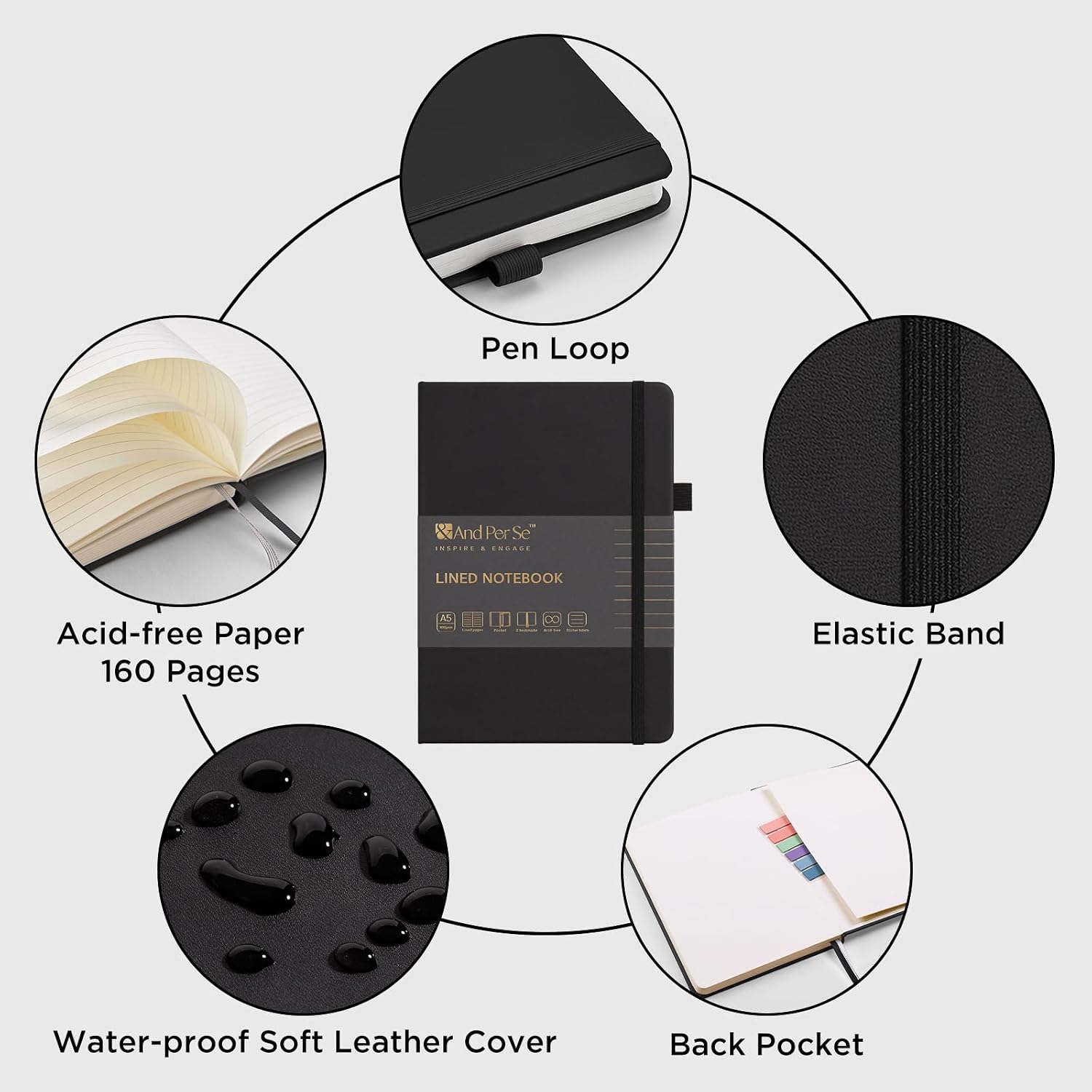 &And Per Se Lined Notebooks 3-Pack Gift Set, A5 Hardcover Journals, 160 Pages 100gsm Thick Paper, Journaling Notebook for Office School (Black)