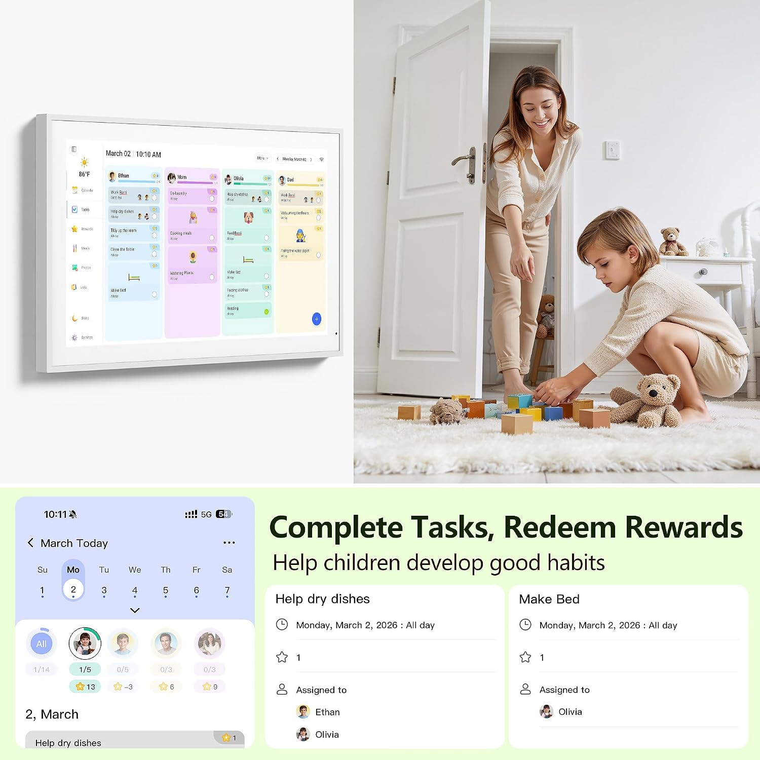Digital Calendar, 15.6 Inch Wall Planner Electronic Calendar & Chore Chart, Smart Touchscreen Interactive Display for Family Schedules, Great for Organizing Your Routines, Wall & Desk Mountable, Gifts for Women Men, Gifts for Mom Dad