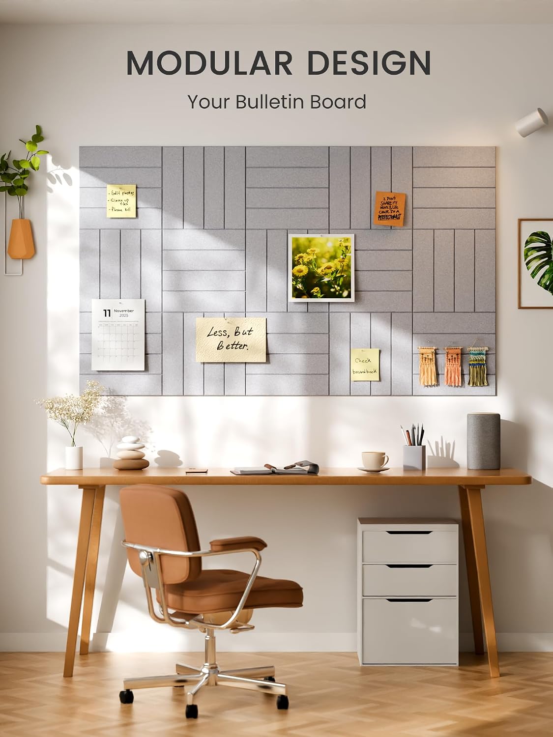 Large Felt Bulletin Board, 48" x 36" Cork Board Alternative, 12-Pack Bold Stripe Felt Wall Tiles with 30 Push Pins and 70 Adhesive Tabs, Ideal for Office, Home & Classroom, Soft Gray