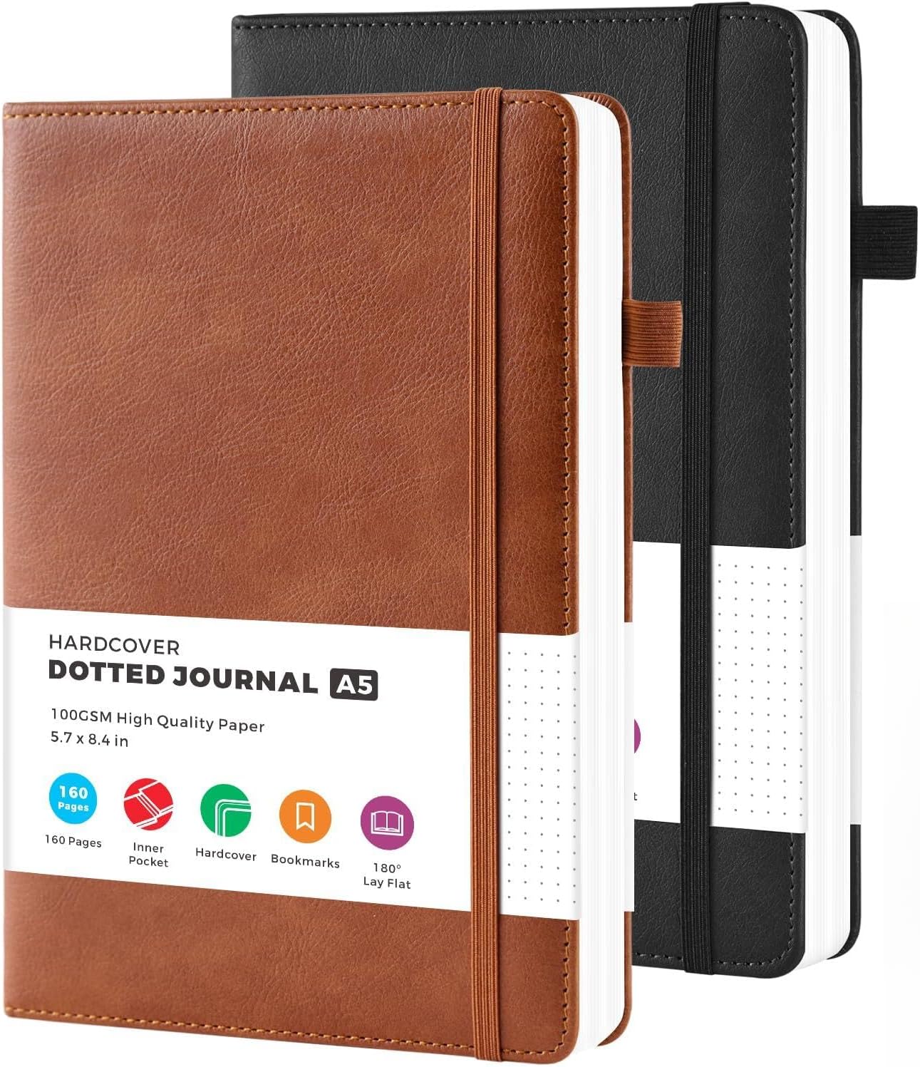 2 Pack Bullet Dotted Journal Notebook, Hardcover Leather A5 Diary Journaling Supplies for Women/ Men Work Writing, 100GSM Thick Paper, Inner Pocket, Brown Black, Office School Supplies, 5.7" x 8.4"
