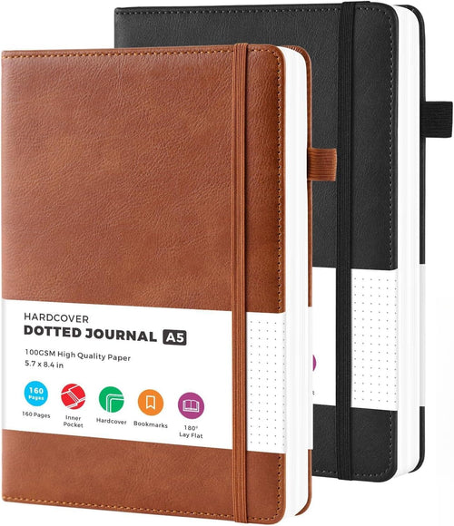 2 Pack Bullet Dotted Journal Notebook, Hardcover Leather A5 Diary Journaling Supplies for Women/ Men Work Writing, 100GSM Thick Paper, Inner Pocket, Brown Black, Office School Supplies, 5.7" x 8.4"