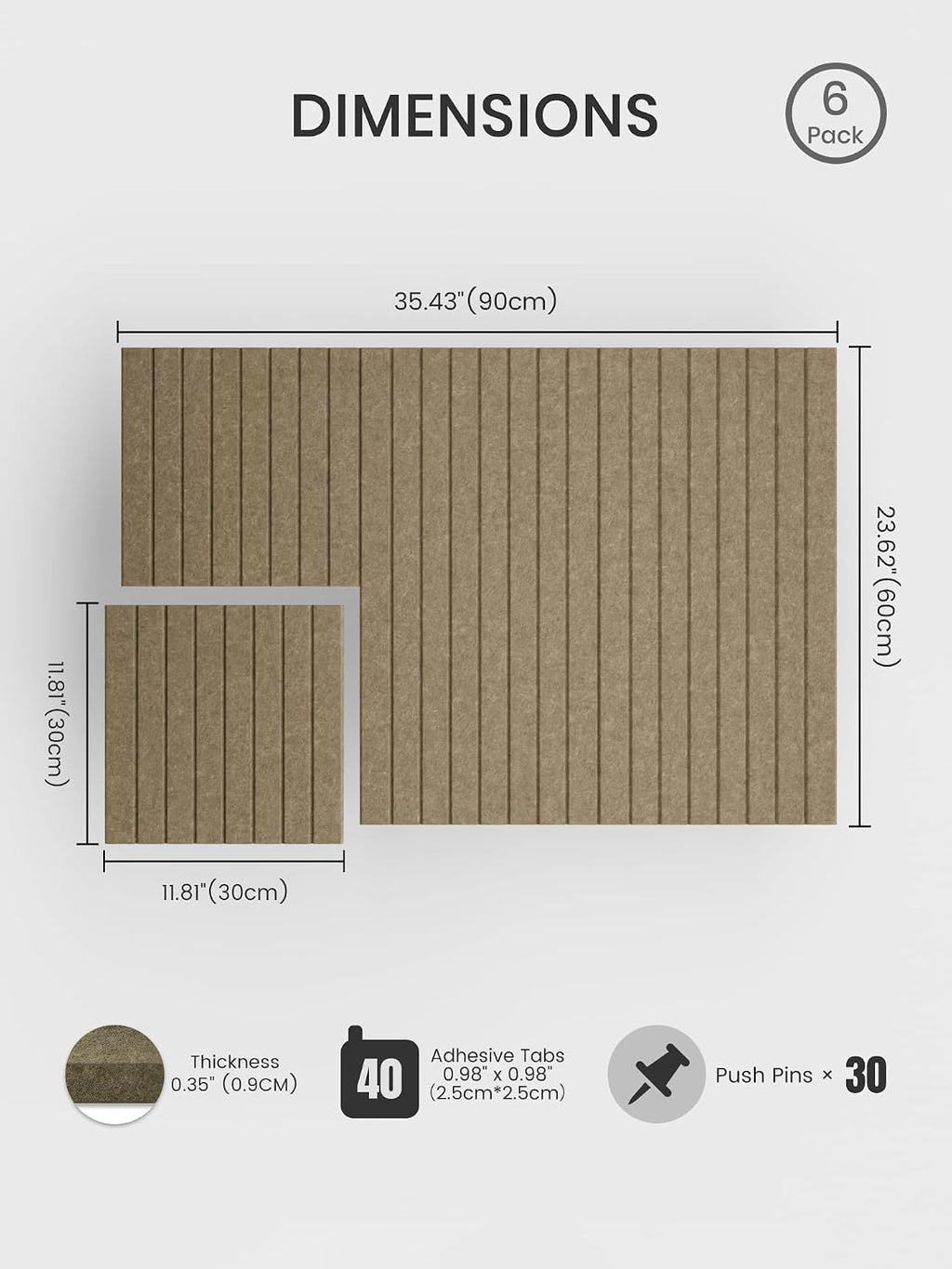 Large Felt Bulletin Board, 36" x 24" Cork Board Alternative, 6-Pack Fine Stripe Felt Wall Tiles with 30 Push Pins and 40 Adhesive Tabs, Ideal for Office, Home & Classroom, Earth Brown