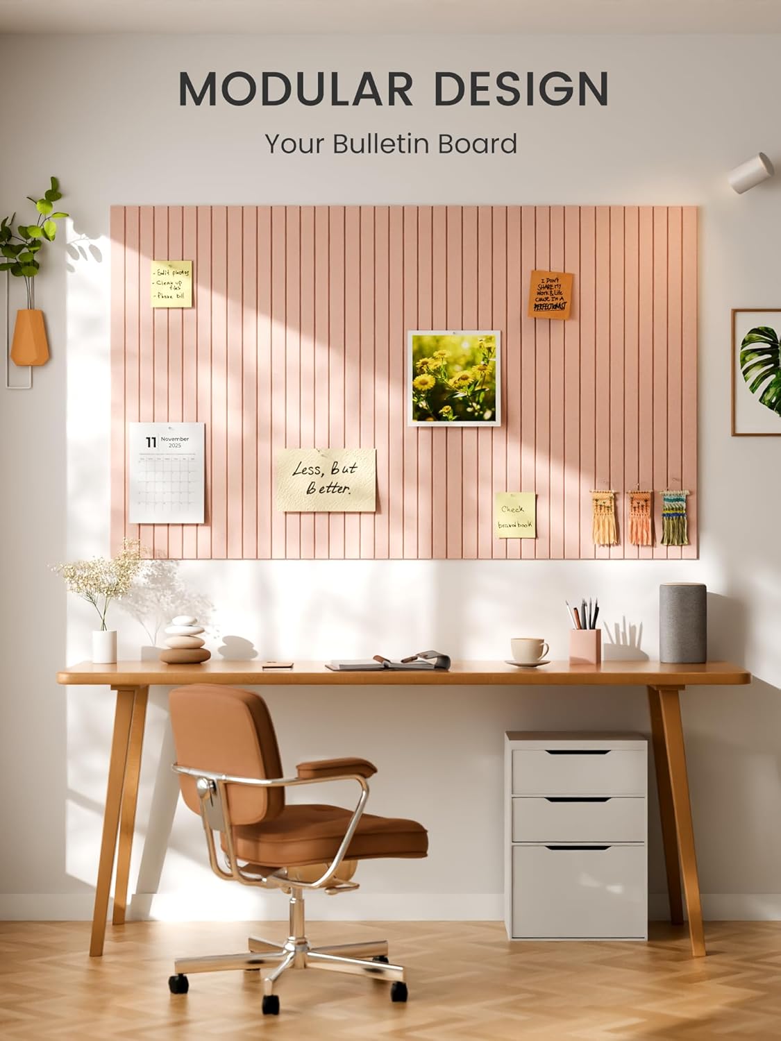 Large Cork Board Alternative - Slat Wall Paneling, Felt Bulletin Board Tiles for Office Decor, Push pin Board Office Wall Organizer -8 Vertical Stripes-12-Pack-Coral