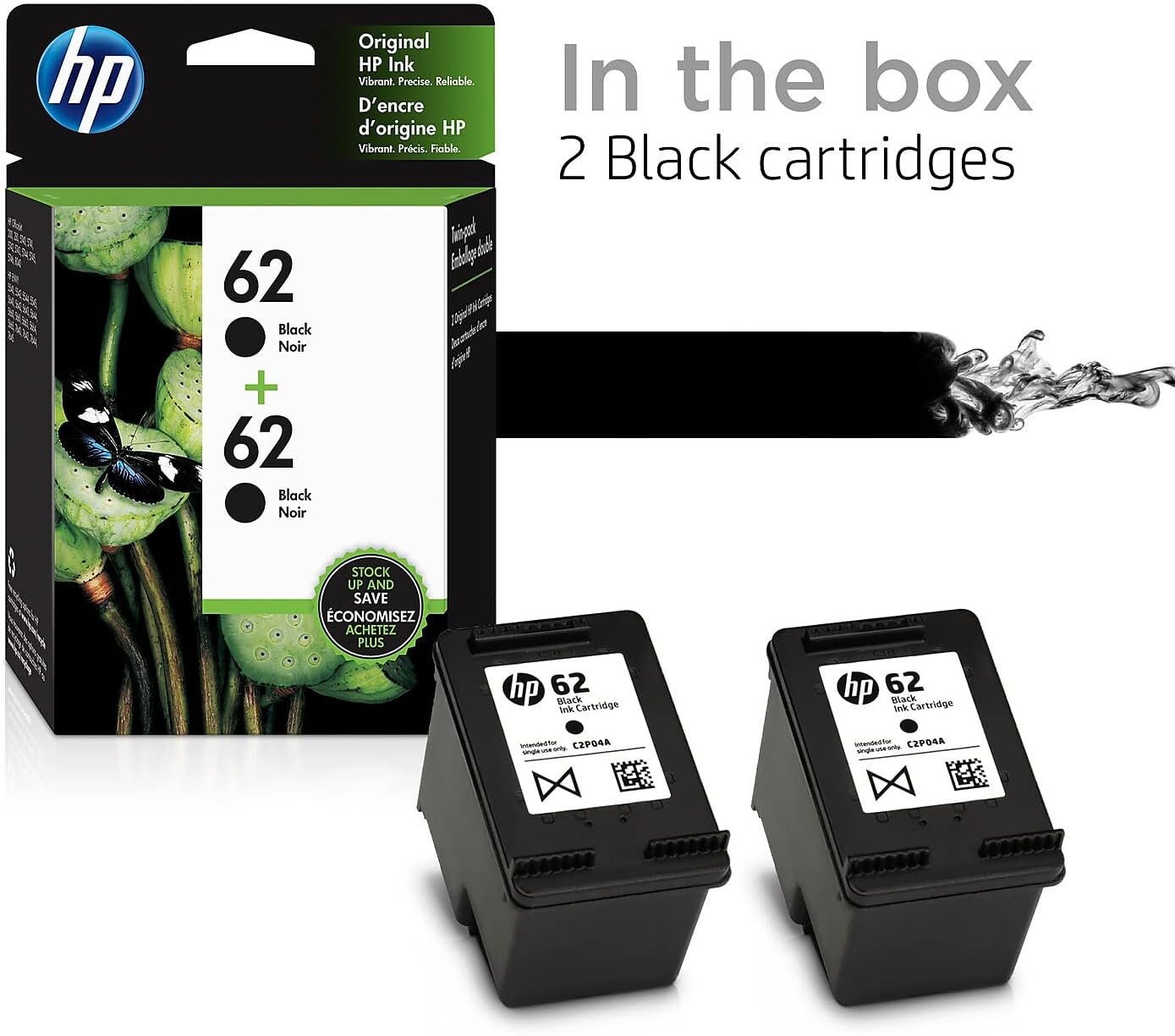 62 | 2 Ink Cartridges | Black | Works with Envy 5500 Series, 5600 Series, 7600 Series, OfficeJet 200, 250, 258, 5700 Series, 8040 | C2P04AN
