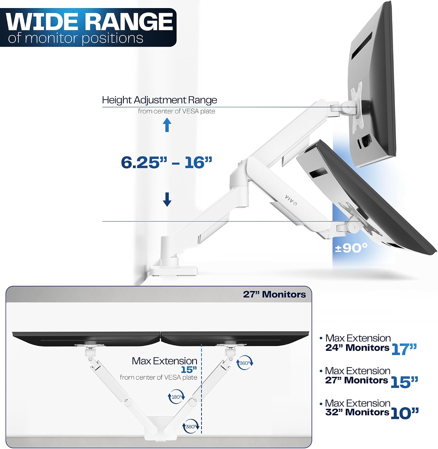 Dual Monitor Stand, Fully Adjustable Arms for 17 to 32 inch Screens, Mechanical Articulating Desk Mount, Gaming and Office Setups, VESA 75x75, 100x100, Max 19.8 lbs, Classic, White, STAND-V002OW