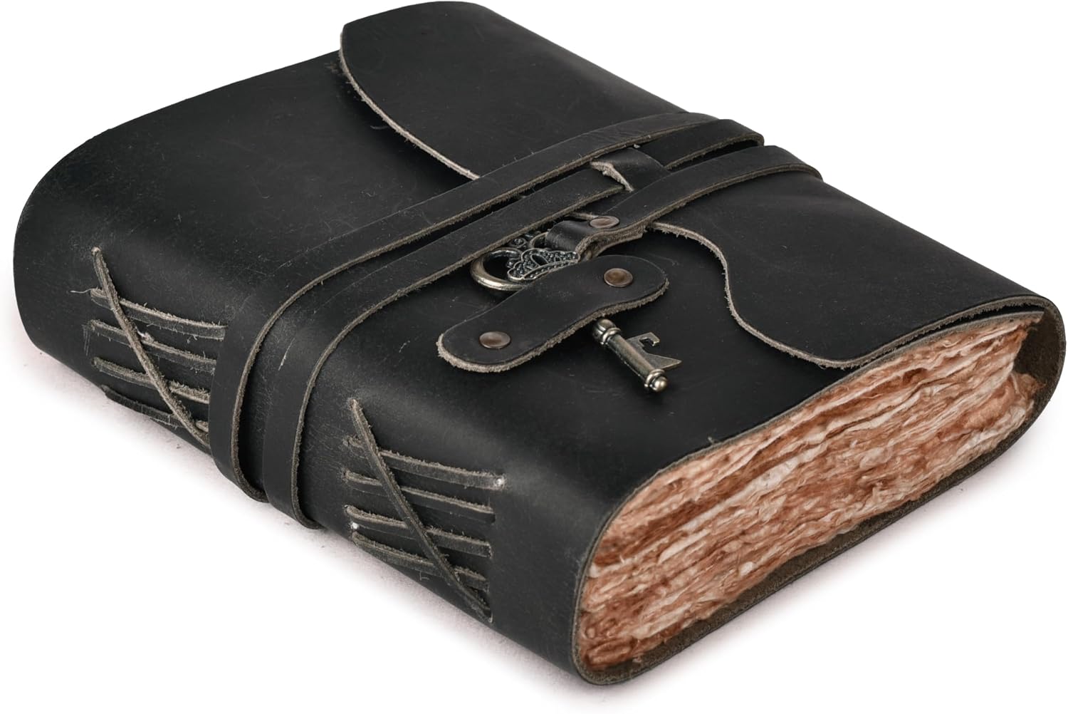 Vintage Leather Journal – 200 Handmade Vintage Watercolor Deckle Edge Paper – Leather bound Journal For Women Men – Key Lock Closure - Book of Shadows - Black - 13X8 inches