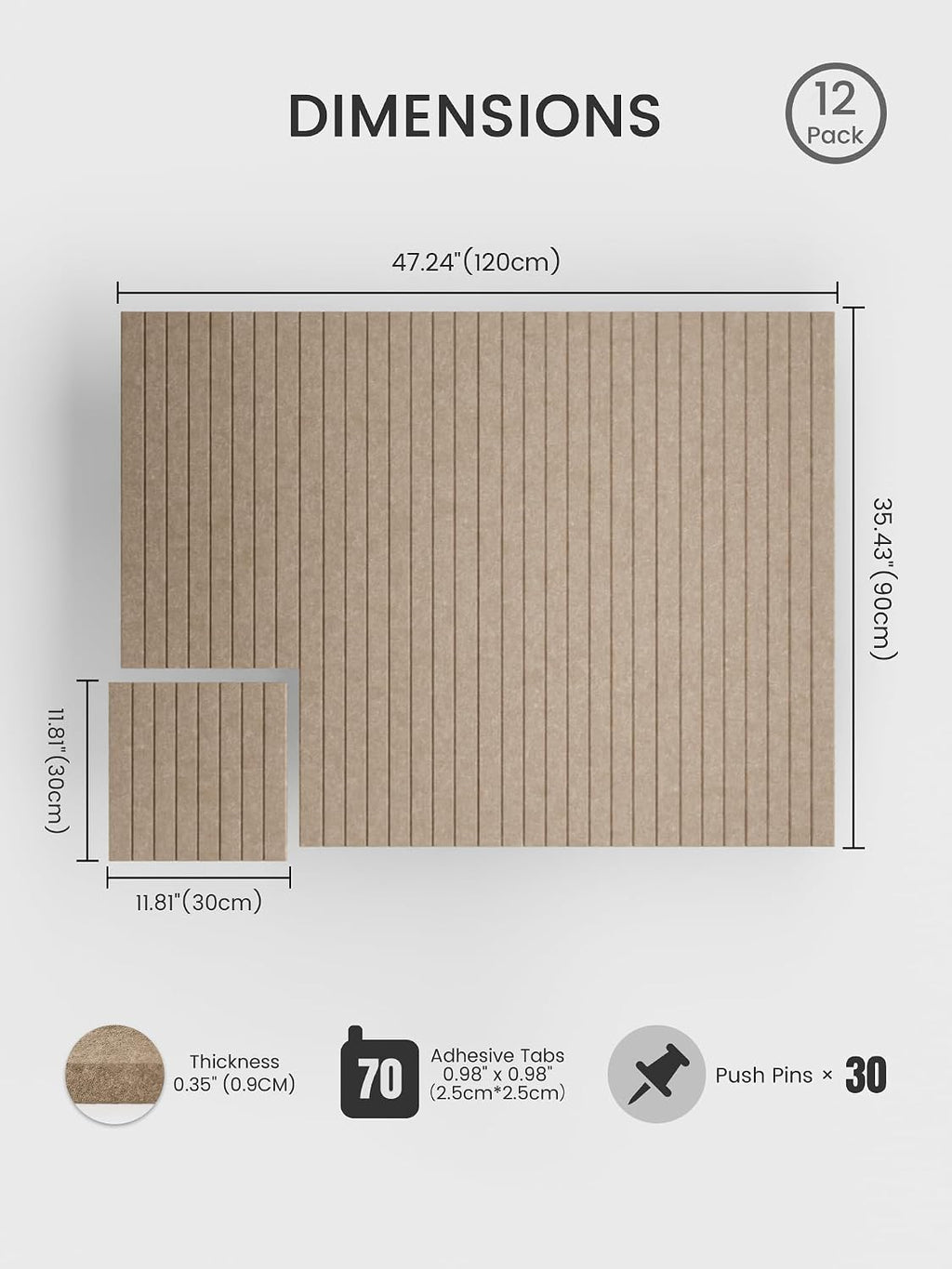 Large Felt Bulletin Board, 48" x 36" Cork Board Alternative, 12-Pack Fine Stripe Felt Wall Tiles with 30 Push Pins and 70 Adhesive Tabs, Ideal for Office, Home & Classroom, Taupe