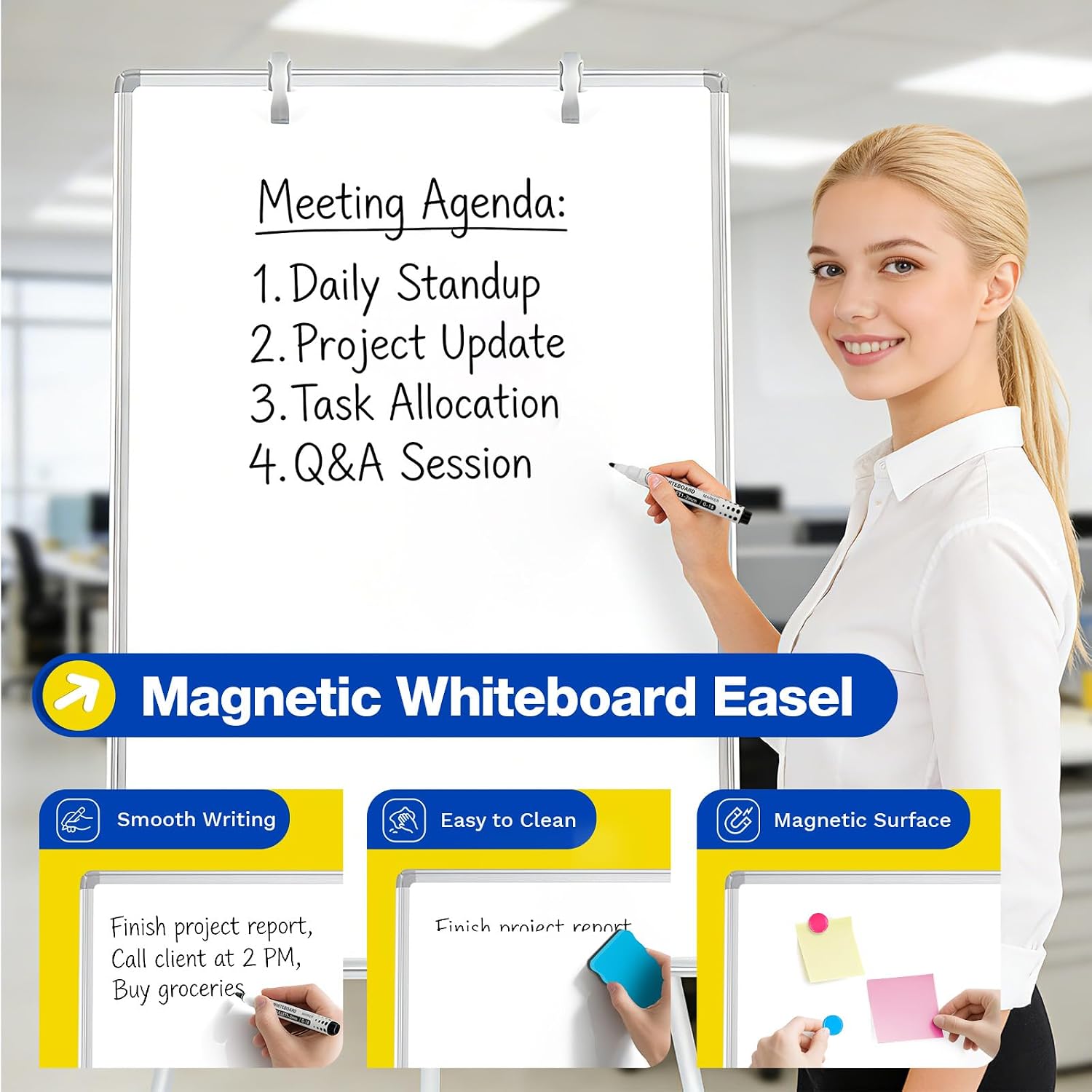 Magnetic Whiteboard Easel, 36"x24" | Height Adjustable Flipchart Easel with Stand, Large Aluminium Frame White Board for Office or Teaching at Home & Classroom