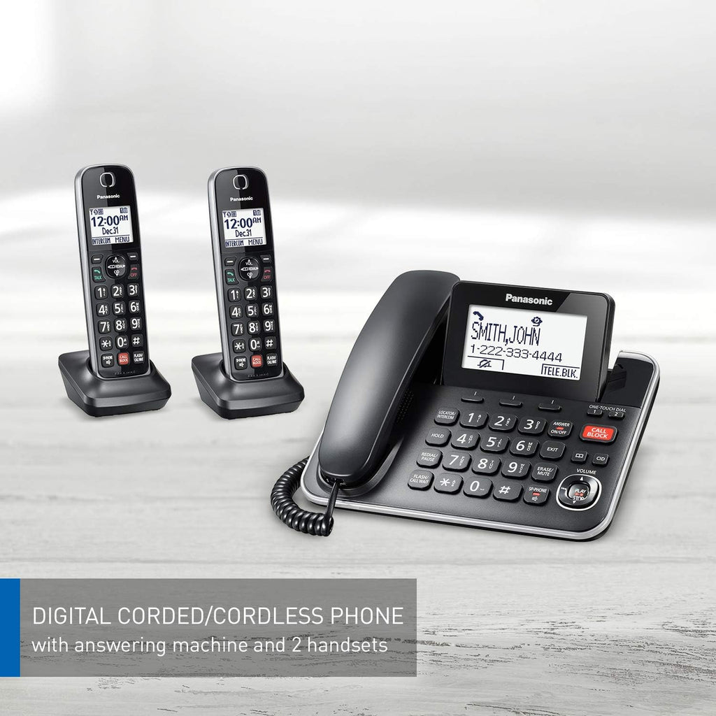 DECT 6.0 2-in-1 Corded/Cordless Phone with Answering Machine, Advanced Call Block (1,000 numbers), and Talking Caller ID - 2 Cordless Handset - KX-TGF872CB (Black)
