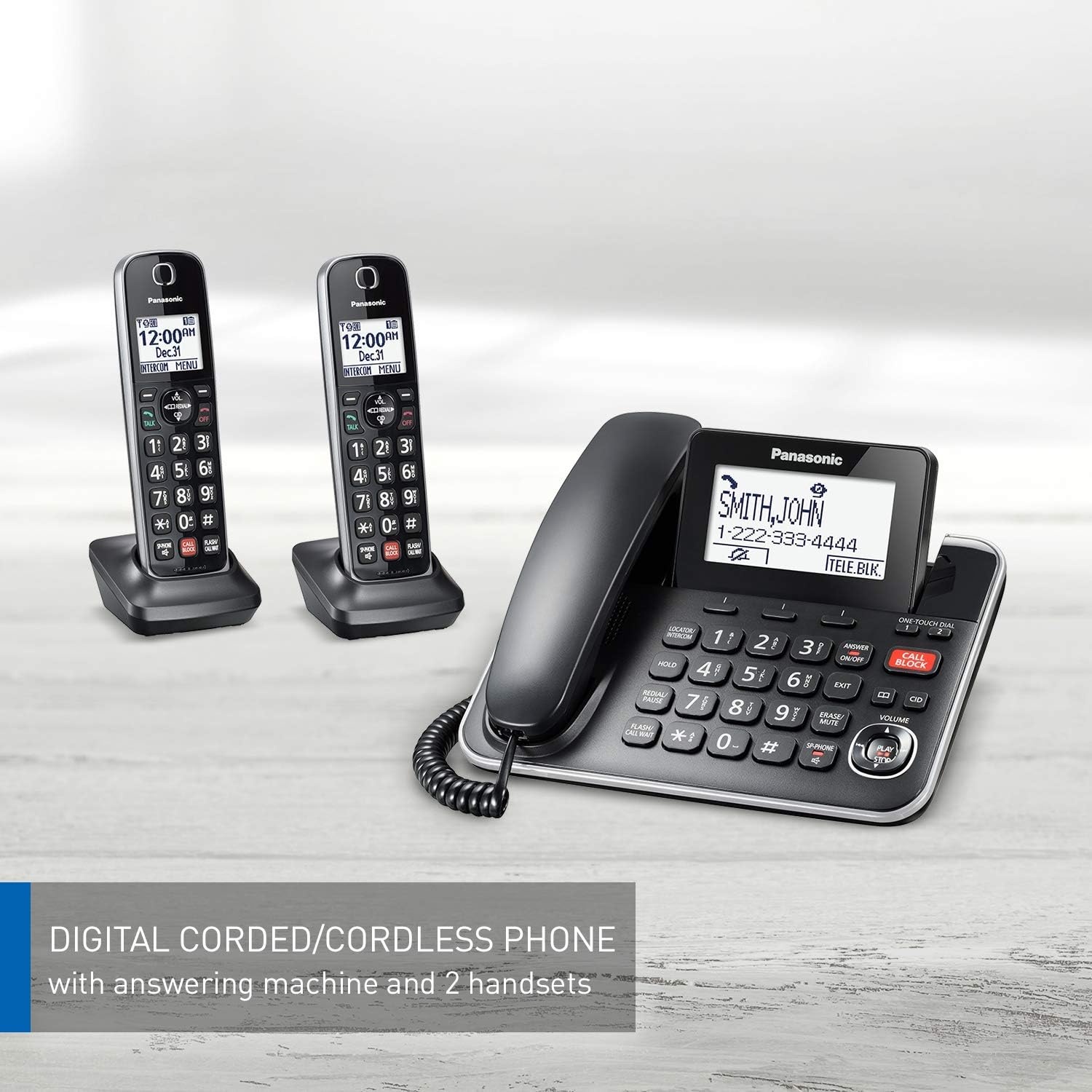 DECT 6.0 2-in-1 Corded/Cordless Phone with Answering Machine, Advanced Call Block (1,000 numbers), and Talking Caller ID - 2 Cordless Handset - KX-TGF872CB (Black)