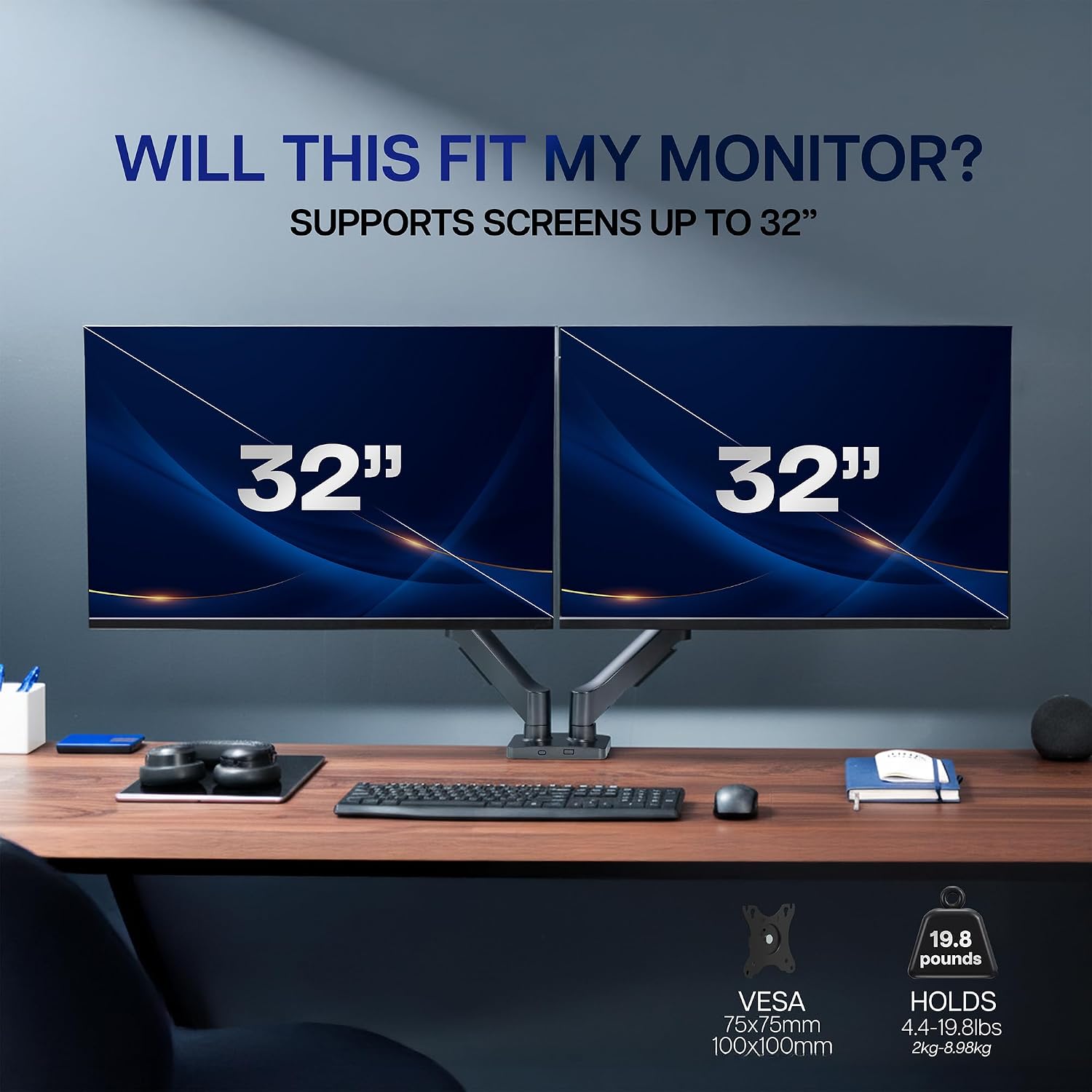 Dual Monitor up to 32 inches and 19.8 lbs per Screen, Pneumatic Arm Desk Mount, Articulating Counterbalance, VESA Stand, Classic, STAND-V002O