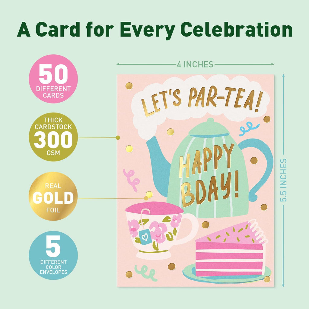 Happy Birthday Cards with Envelopes and Assortment Box – Variety Set of 50 Assorted Birthday Notes. Perfect Bulk Pack for Celebrations, Office, Friends, Family, and Special Occasions-4x5.5"
