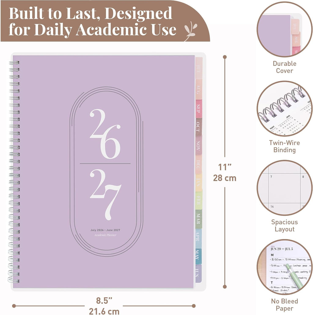 Rileys Academic Planner 2026-2027, Daily, Weekly & Monthly Planner, July 2026 - June 2027, Student Notes Pages, Twin-Wire Binding Weekly Agenda for School & Work (21.6 x 28 cm, Lilac)