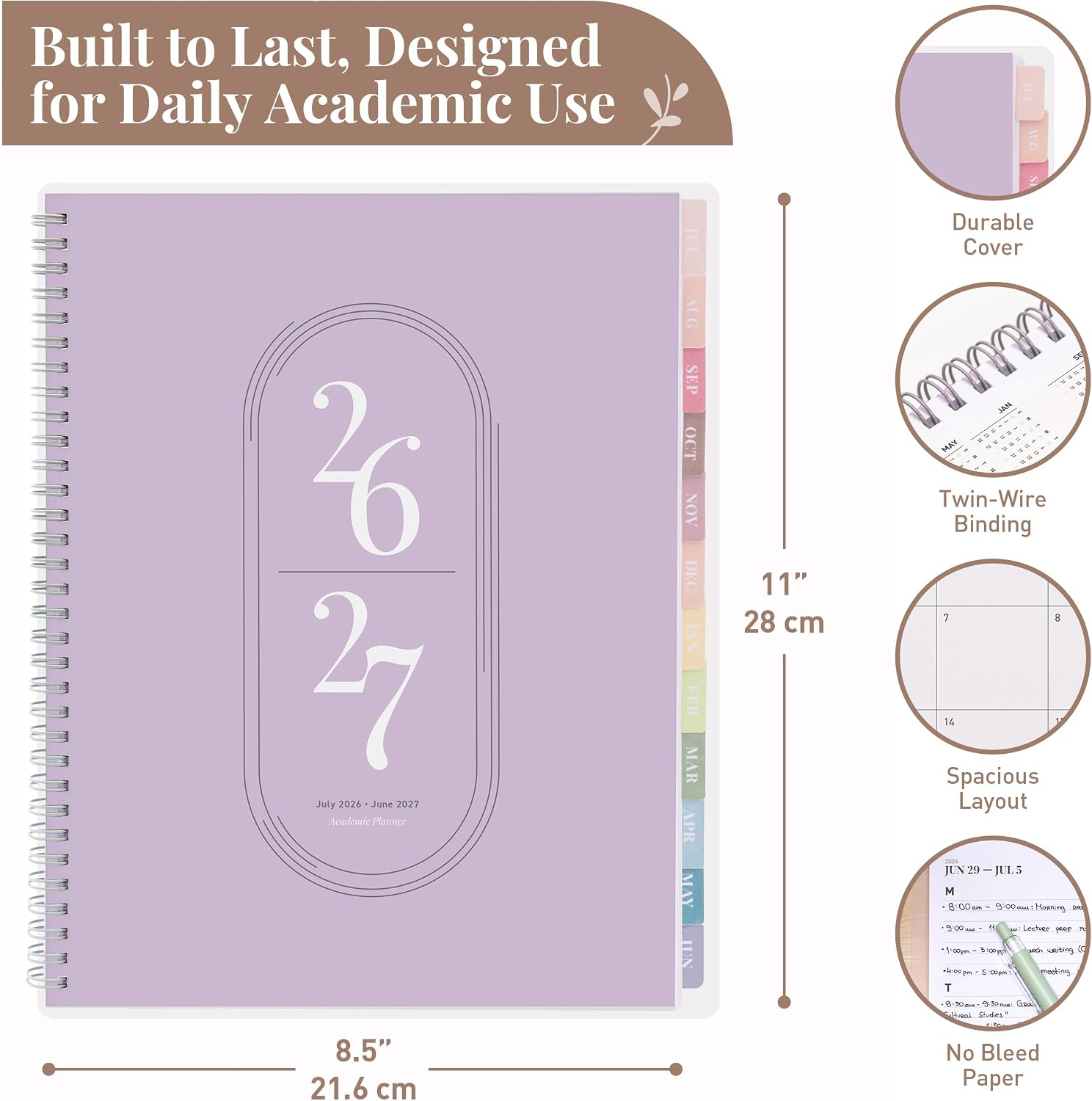 Rileys Academic Planner 2026-2027, Daily, Weekly & Monthly Planner, July 2026 - June 2027, Student Notes Pages, Twin-Wire Binding Weekly Agenda for School & Work (21.6 x 28 cm, Lilac)