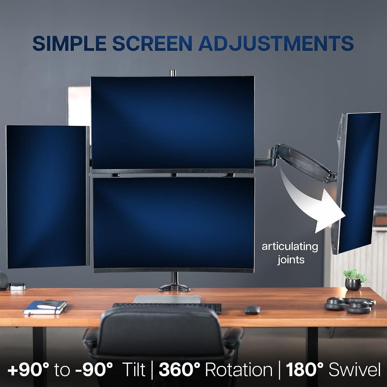 Quad Pneumatic Monitor Mount for 4 Screens up to 32 inches, Fully Adjustable, Heavy Duty Desk Stand with C-Clamp, Black, STAND-V400G