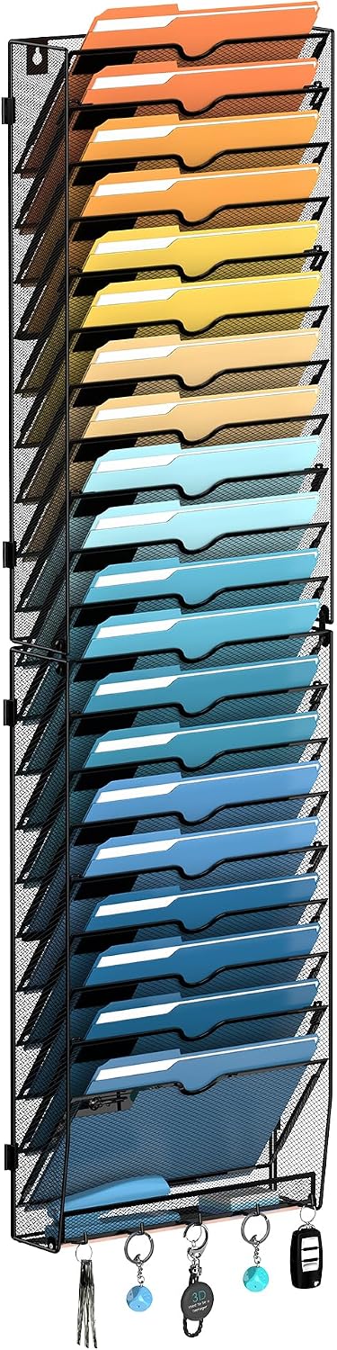 21-Tier Wall File Holder Organizer with Hooks, Mesh Hanging File Organizer, Mail Organizer Wall Mounted for Papers, Folders, Office Magazine Rack, Assembly Needed, Black