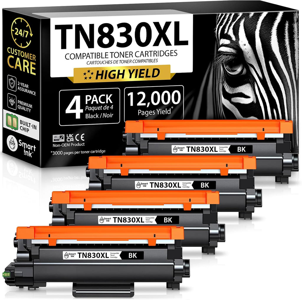 Compatible TN830XL Toner Cartridge Replacement for Brother TN830XL TN830BK TN830 XL with CHIP (4 Pack) to use with DCP-L2640DW HL-L2460DW MFC-L2820DW HL-L2400D HL-L2405W HL-L2865DW Printers