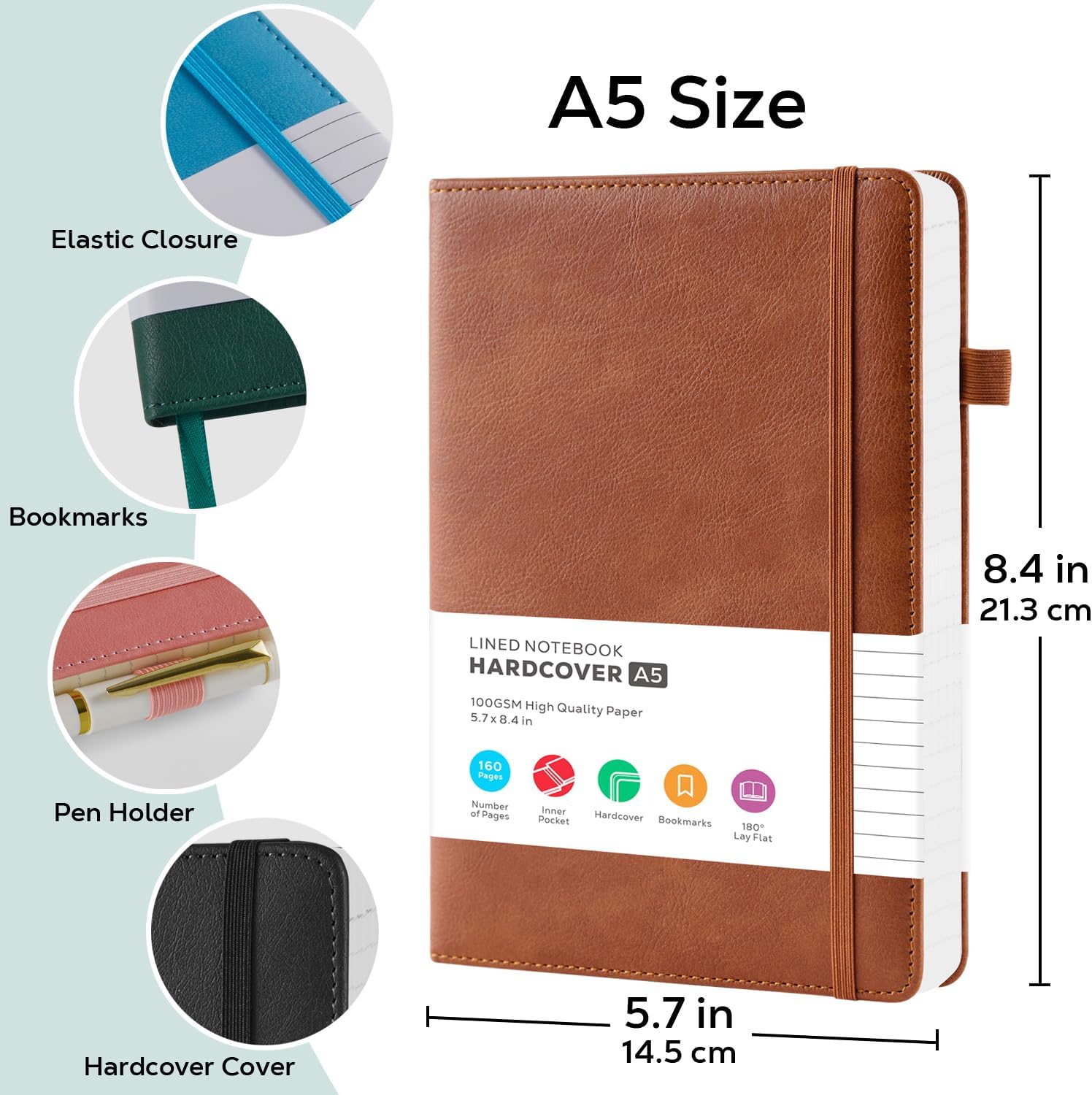 2 Pack Journal Notebook, Hardcover A5 Diary Journal for Women/Men Work, Leather Notebooks for School Supplies, 100GSM Lined Paper, No Bleed, Inner Pocket, Brown Black