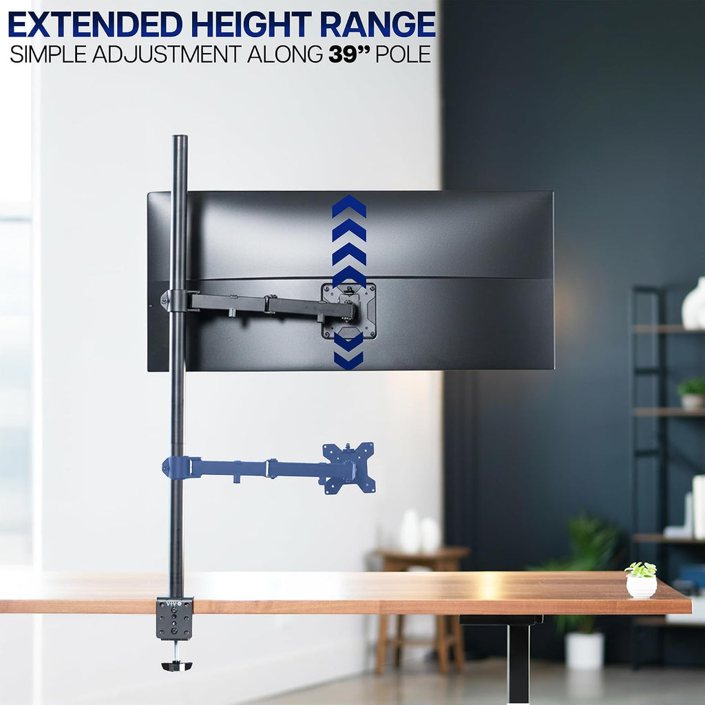 Extra Tall Single Monitor Desk Mount Stand with 39 inch Pole. Features Full Adjustability - Tilt and Articulation, Holds 13 to 32 inch Screens up to 22 lbs with VESA Mounting, Black, STAND-V011