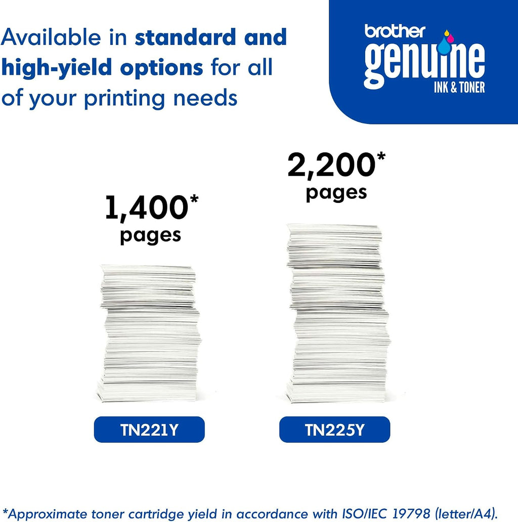 Original TN225Y High-Yield Yellow Toner Cartridge, Higher Yield for Value, Original Toner Replacement cartridges, Toner for Laser Printers HL-3140CW, HL-3170CDW, MFC-9130CW, and More