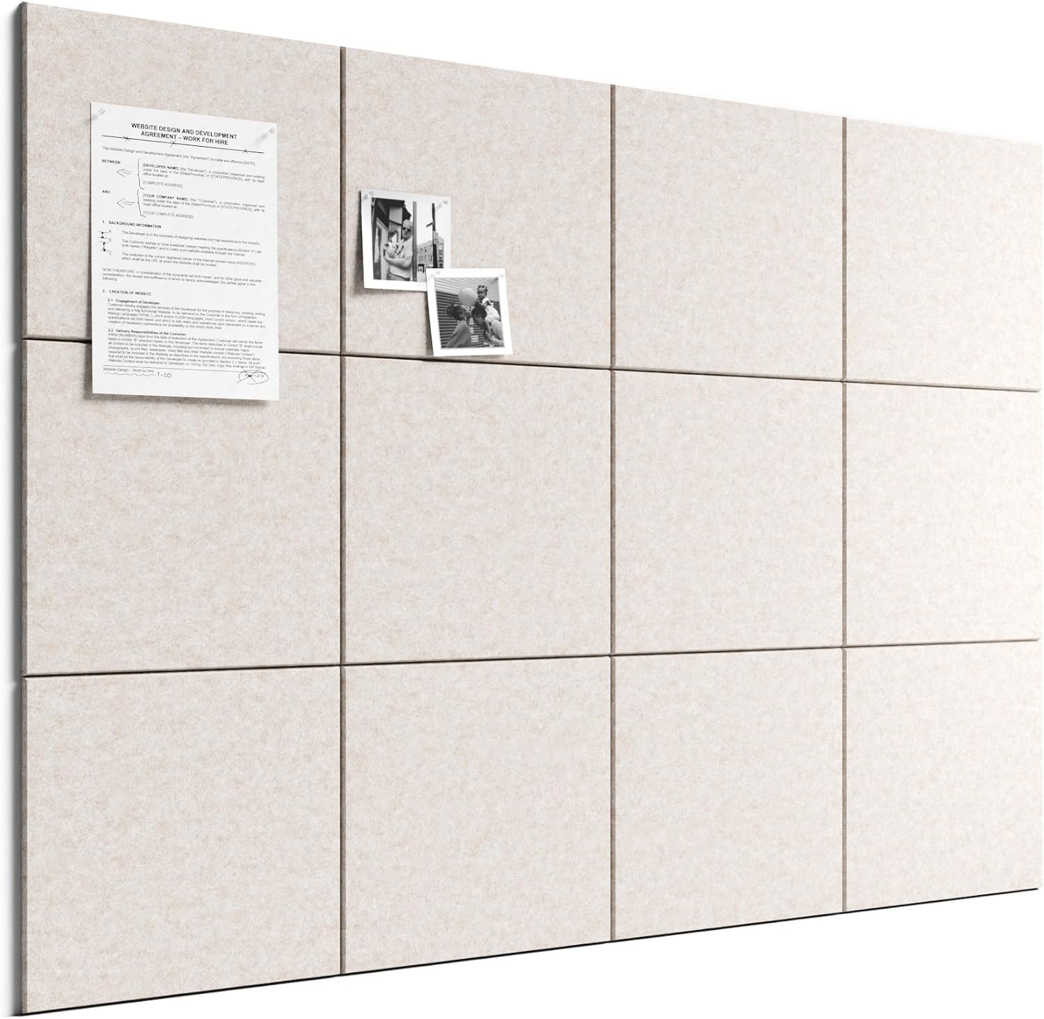 Large Felt Bulletin Board, 48" x 36" Cork Board Alternative, 12-Pack Solid Felt Wall Tiles with 30 Push Pins and 70 Adhesive Tabs, Ideal for Office, Home & Classroom, Oatmeal