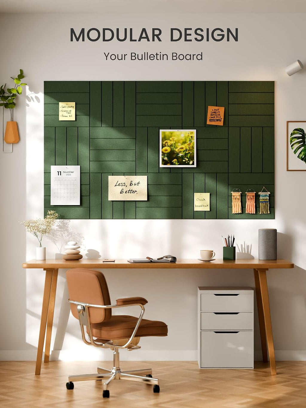 Large Felt Bulletin Board, 48" x 36" Cork Board Alternative, 12-Pack Bold Stripe Felt Wall Tiles with 30 Push Pins and 70 Adhesive Tabs, Ideal for Office, Home & Classroom, Moss Green