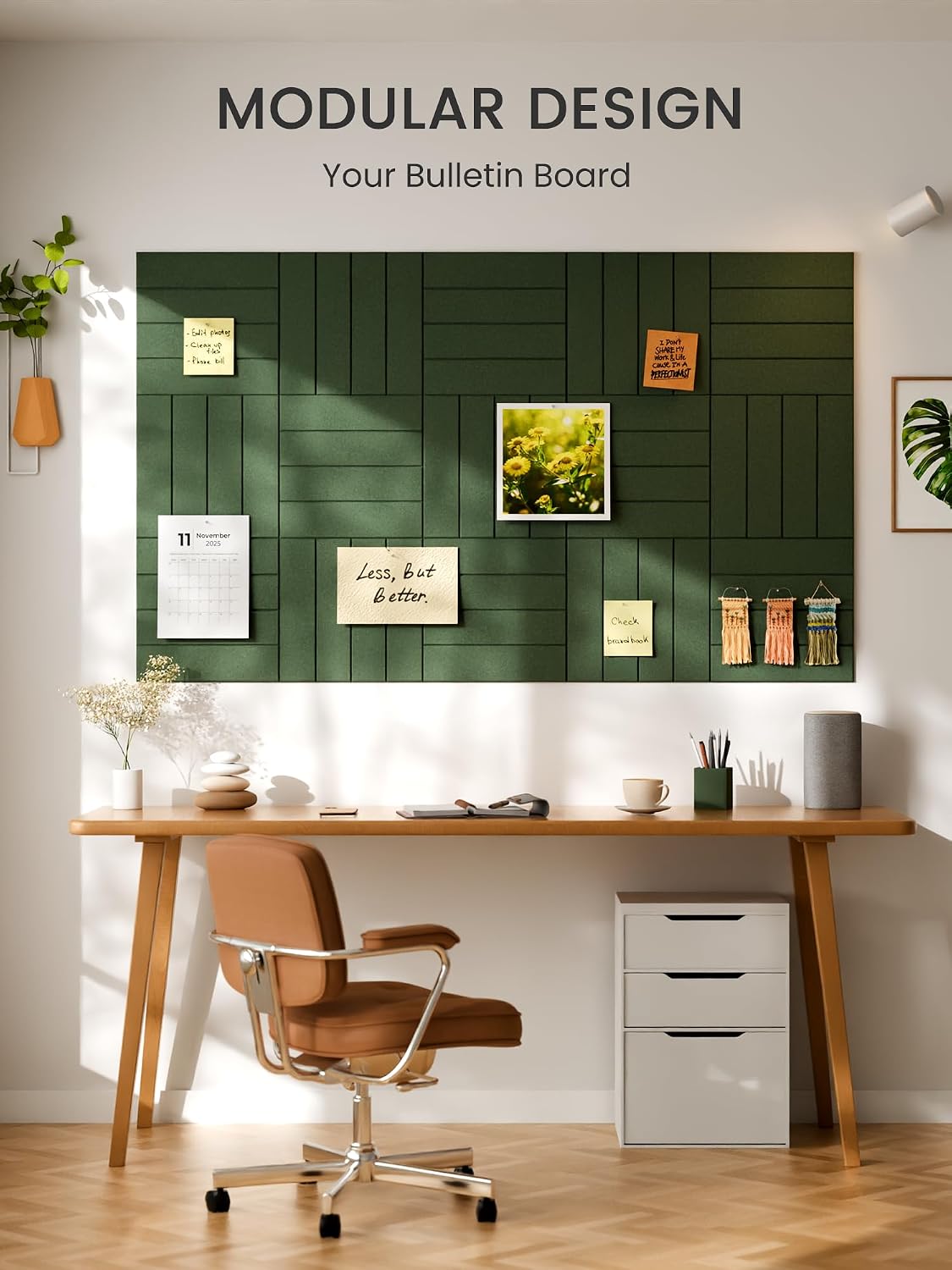 Large Felt Bulletin Board, 48" x 36" Cork Board Alternative, 12-Pack Bold Stripe Felt Wall Tiles with 30 Push Pins and 70 Adhesive Tabs, Ideal for Office, Home & Classroom, Moss Green